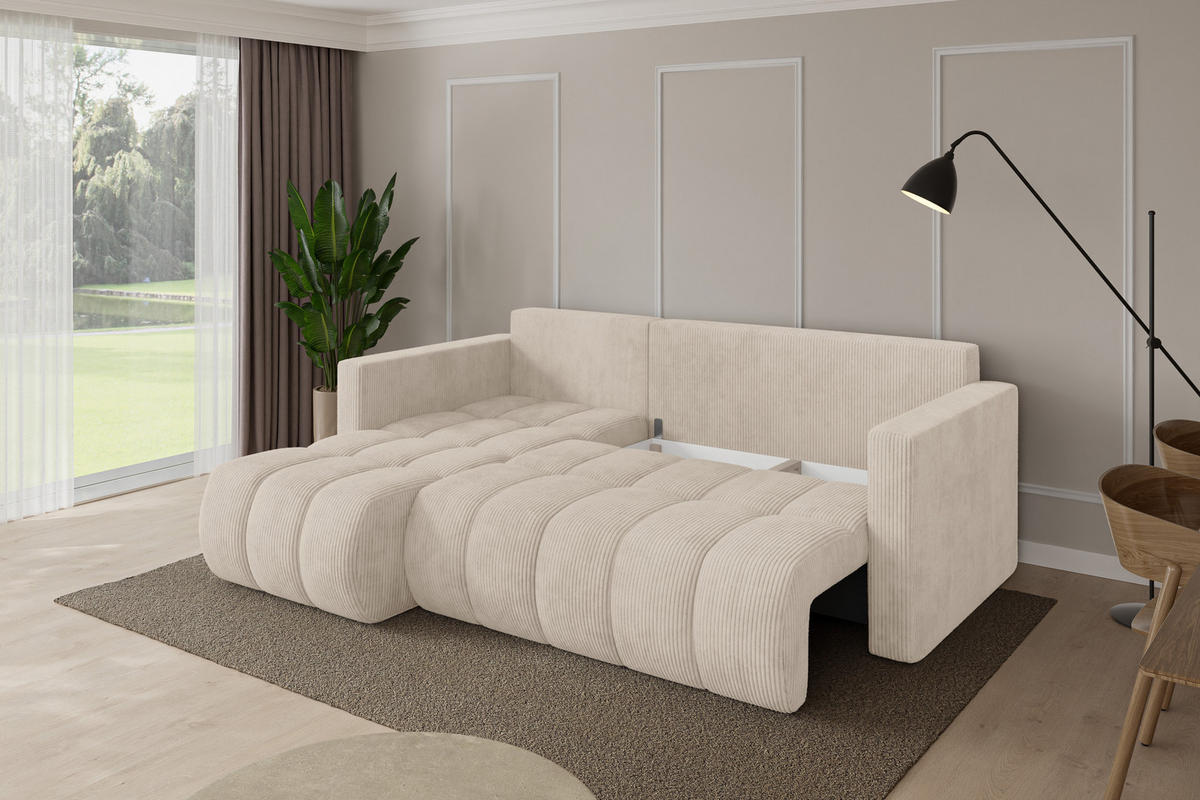 ROHOVÁ SEDAČKA s funkcí spaní, otoman vlevo GARD-L 226x146x85 béžová manšestr - černá/béžová, kompozitní dřevo/textil (226/146cm) - ALTDECOR
