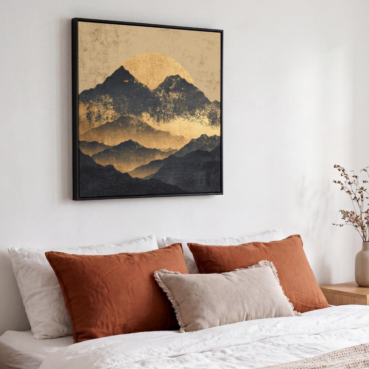 LEINWAND Bilder mit Rahmen - Goldene Berge bei Mondschein - 50x50 - Goldfarben, Textil (50/50cm) - MuchoWow
