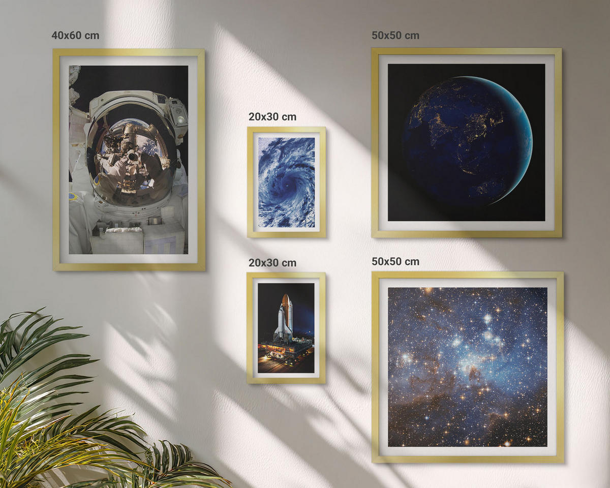 BILDER SET 5er Set - 50x50 cm & 20x30 cm & 40x60 cm Goldrahmen - Weltraum Erde Astronaut Rakete - Goldfarben, Kunststoff (40/60cm) - TULUP
