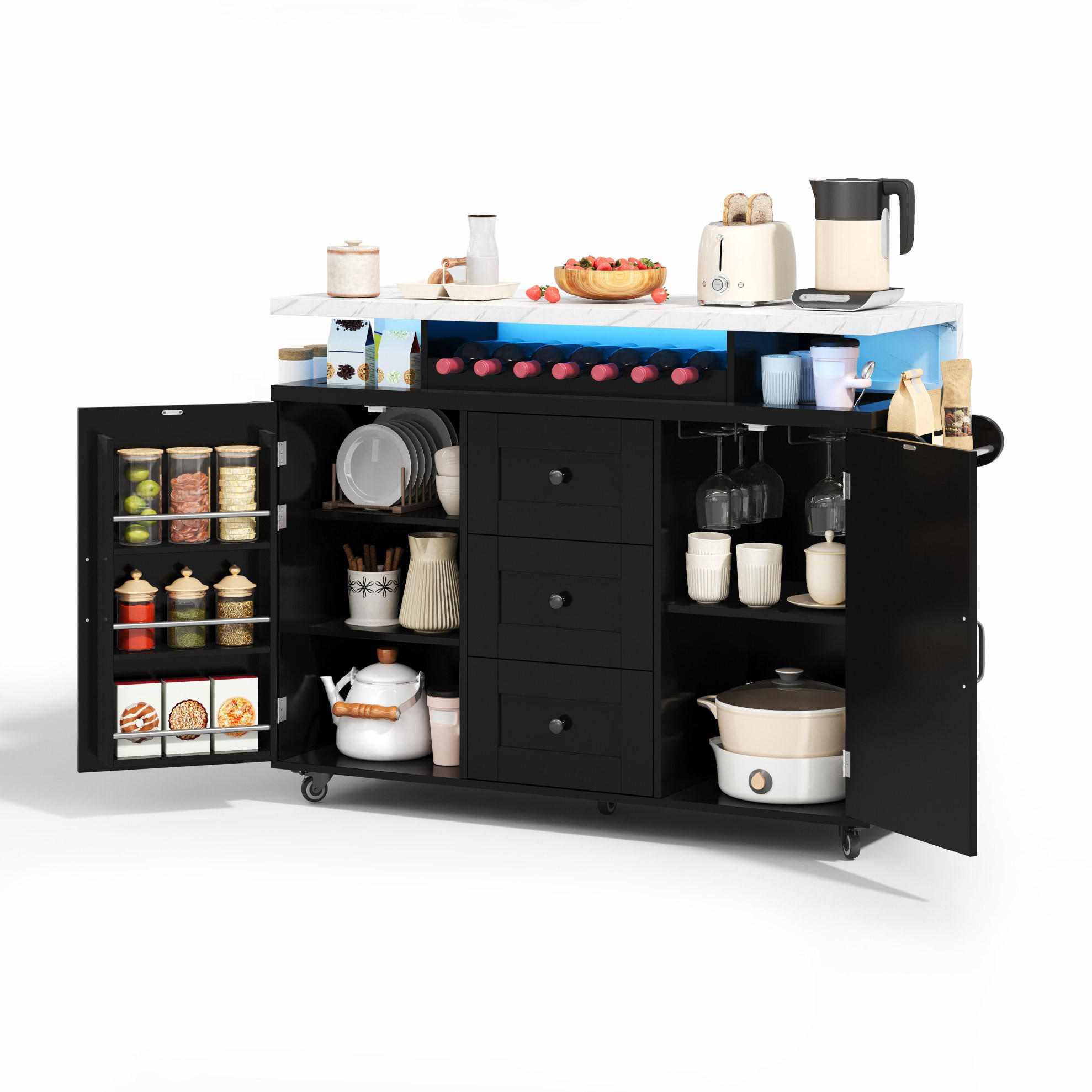 KÜCHENINSEL aus MDF 138x60x93 cm Schwarz mit klappbarer Arbeitsplatte, LED-Beleuchtung und 5 Rollen - Schwarz, Holzwerkstoff (138/93/60cm) - Modfu