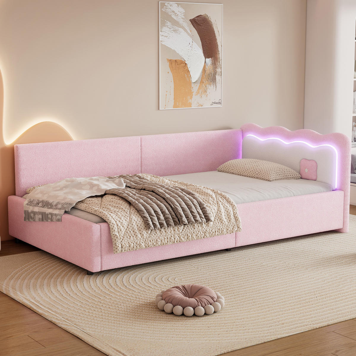 BETT 90/200 cm Rosa aus Vliesimitat und MDF mit LED-Beleuchtung - Rosa, Textil (90/200cm) - OKMYHOME