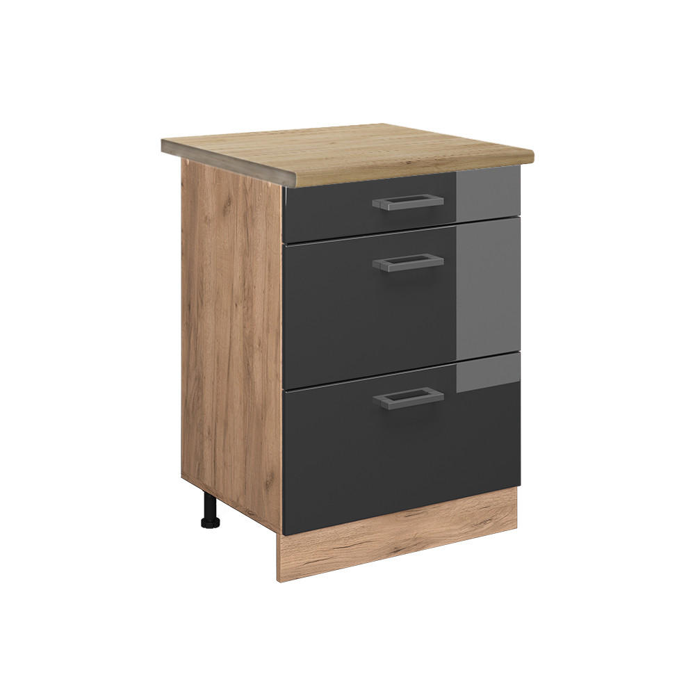 KÜCHENUNTERSCHRANK R-Line Anthrazit Hochglanz 60 cm mit Schubladen AP Eiche - Anthrazit/Eiche Wotan, Holzwerkstoff (60/81.6/60cm) - Vicco