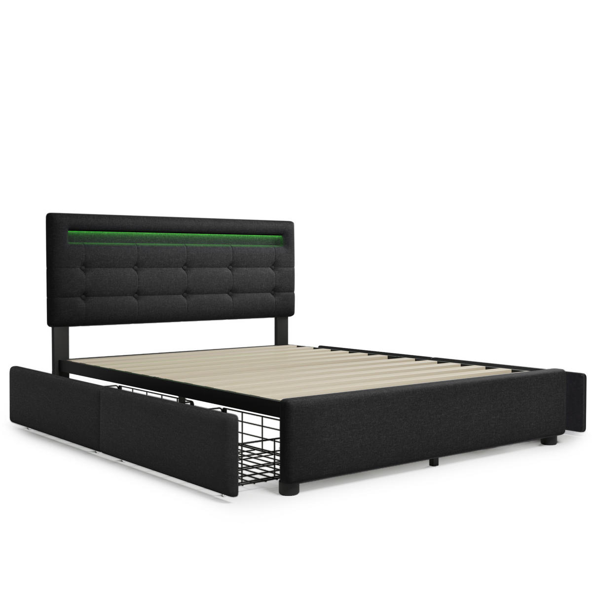 POLSTERBETT aus Leinen 140x200 cm Schwarz mit LED-Beleuchtung, Matratze und 4 Schubladen - Schwarz, Textil (140/200cm) - IVMEU