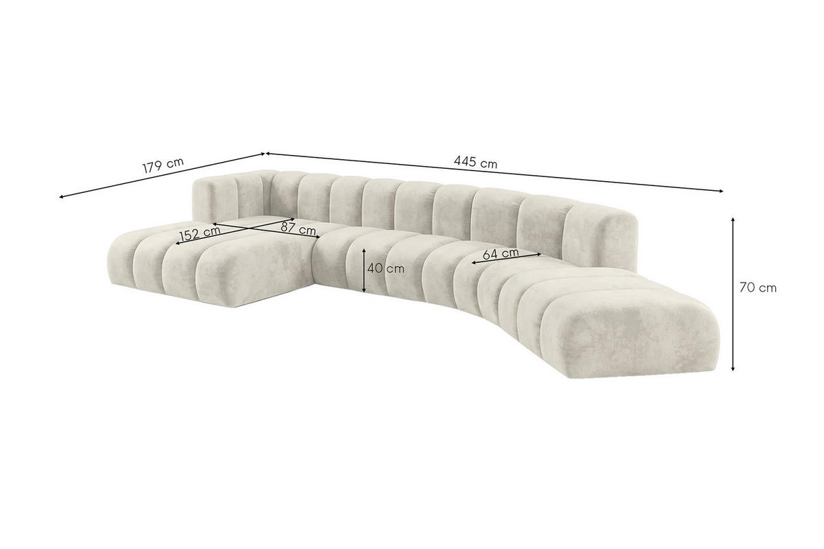 ECKSOFA Modulares In L-Form, Velvet-Stoff Riviera, Ecru, Links, GRAND Round - Creme, Holz (445/179cm) - Kaiser Möbel