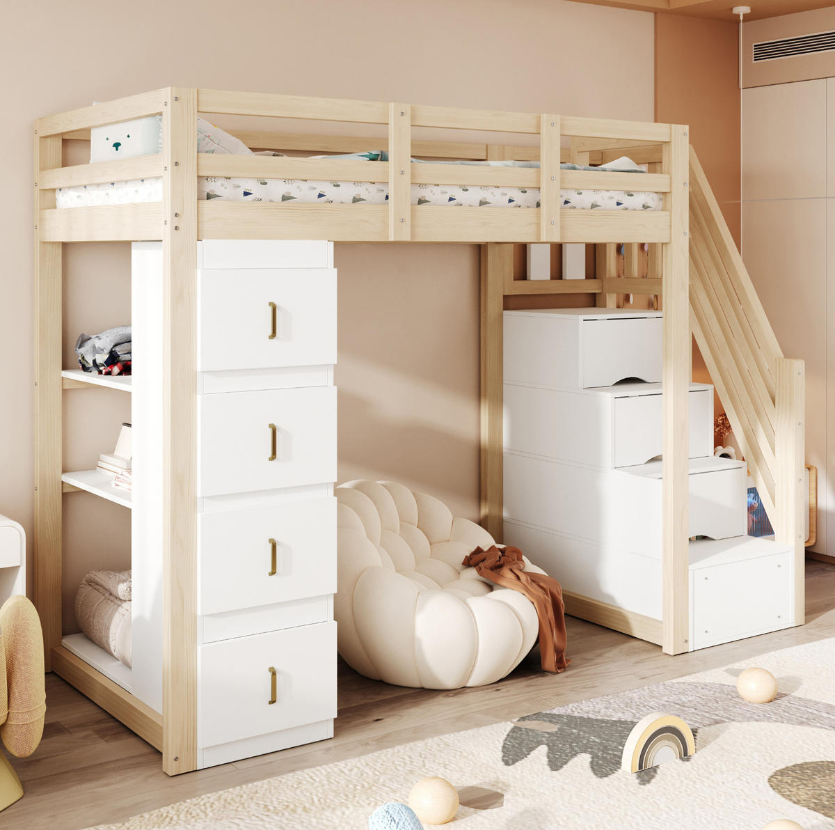 HOCHBETT 90/200 cm aus Massivholz mit Stauraum und Sicherheitsleiter Naturholz - Naturfarben, Holz (90/200cm) - Modenvie