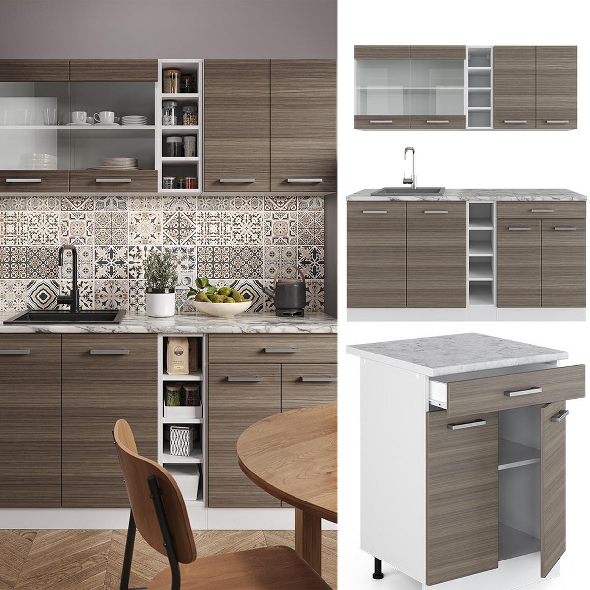 SINGLEKÜCHE R-Line Edelgrau/Weiß 160 cm, AP Marmor - Braun/Weiß, Holzwerkstoff (160/81.6/60cm) - Vicco