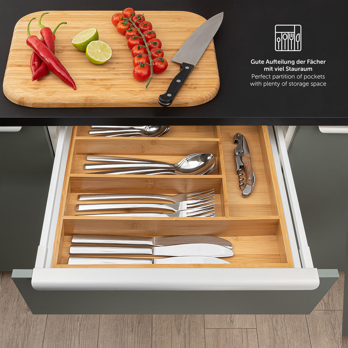 BESTECKKASTEN 27/30 cm, 5 Fächer, Bambus - Eichefarben, Holz (27/5/30cm) - Blumtal