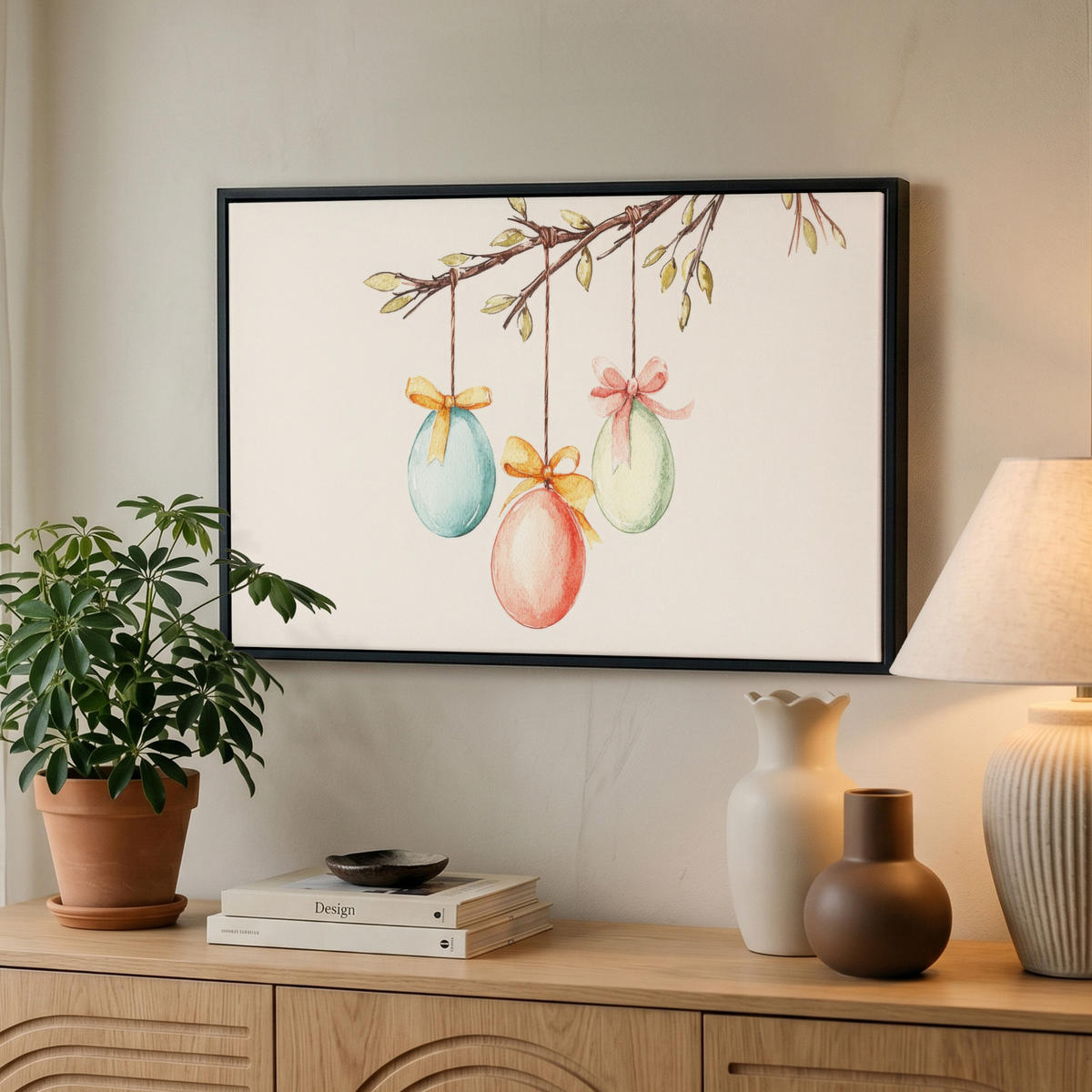 LEINWAND Bilder mit Rahmen - Osterkuchen - Schleife - Eier - 60x40 - Creme, Textil (60/40cm) - MuchoWow