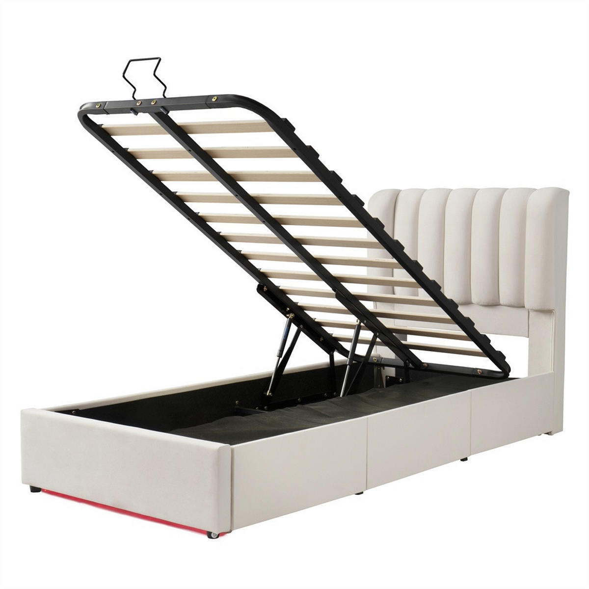 POLSTERBETT 90x200 cm mit hydraulischem Stauraum - 3 Schubladen & LED-Beleuchtung - Beige - ohne Matratze - Beige, Textil (90/200cm) - DELFA