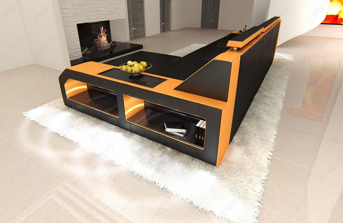 COUCH Arezzo L Schwarz Orange Ledermix - Schwarz, Textil (308/194cm)