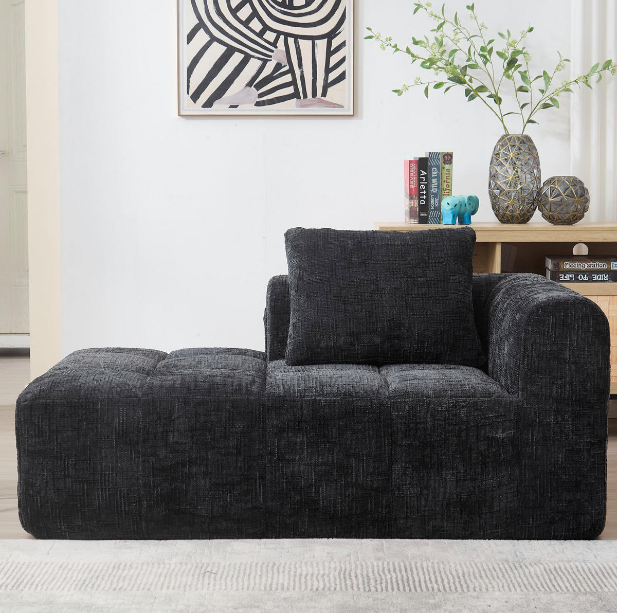 SOFA od ženilije, 158/90/60 cm crna, s ležaljkom i bočnim džepovima - crna, tekstil (60/158/90cm) - BEAOK