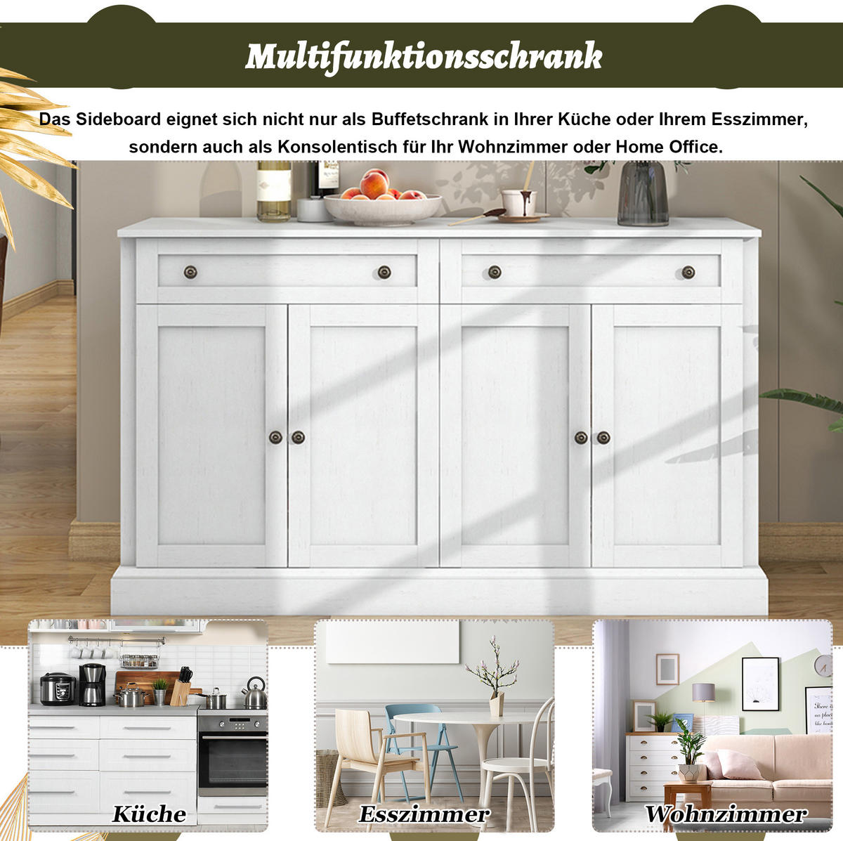 SIDEBOARD 150/40/86 cm antikweiß aus Holzwerkstoff mit 4 Türen - Weiß, Holzwerkstoff (150/86/40cm) - OKWISH