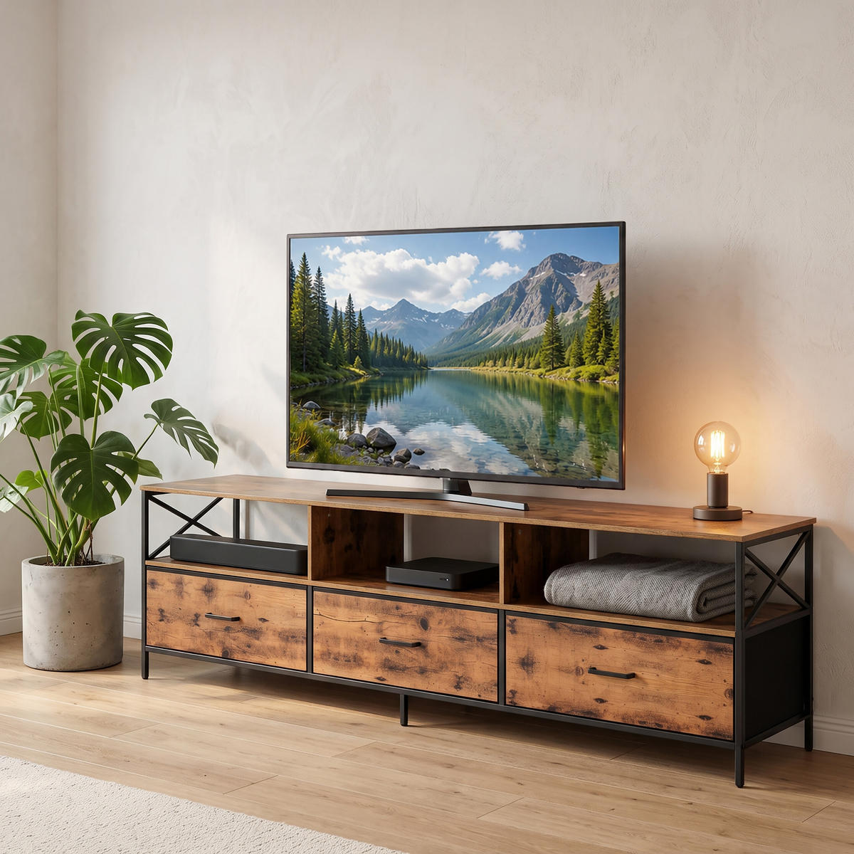TV-LOWBOARD Industrial-Schwarz Stoffschubladen 170 cm - Braun, Holzwerkstoff/Textil (170/50/40cm) - Relaxdays