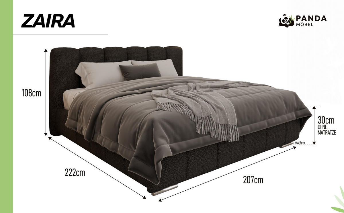 POLSTERBETT ZAIRA 180 x 200 cm mit Bettkasten und Lattenrost, 7-Zonen-Taschenfederkernmatratze CIRA (24 cm) – Graphit - Schwarz, Holz (160/200cm) - Panda Möbel