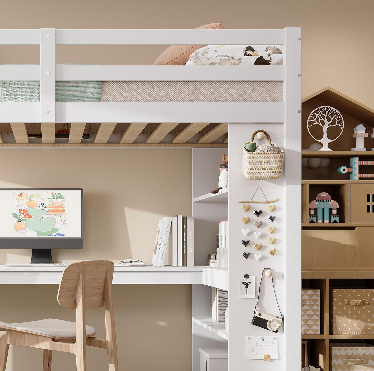 HOCHBETT 90/200 cm Weiß aus Kiefer, Spanplatte und Sperrholz mit Ablageregal - Weiß, Holz (90/200cm) - OKMYHOME