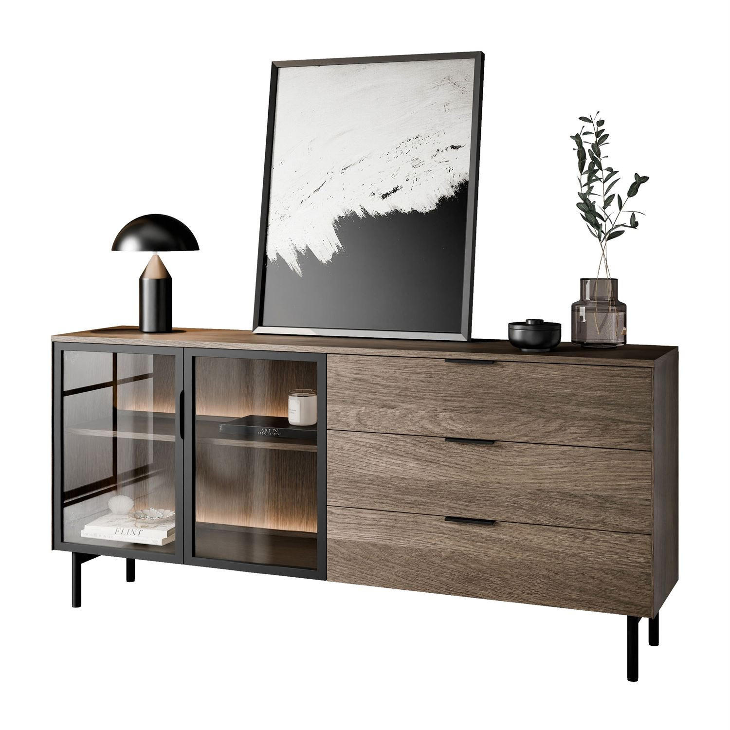 SIDEBOARD LINEA LOFT mit LED-Beleuchtung Eiche + Schwarz - Eichefarben, Holzwerkstoff (181/83/39cm) - Lookway