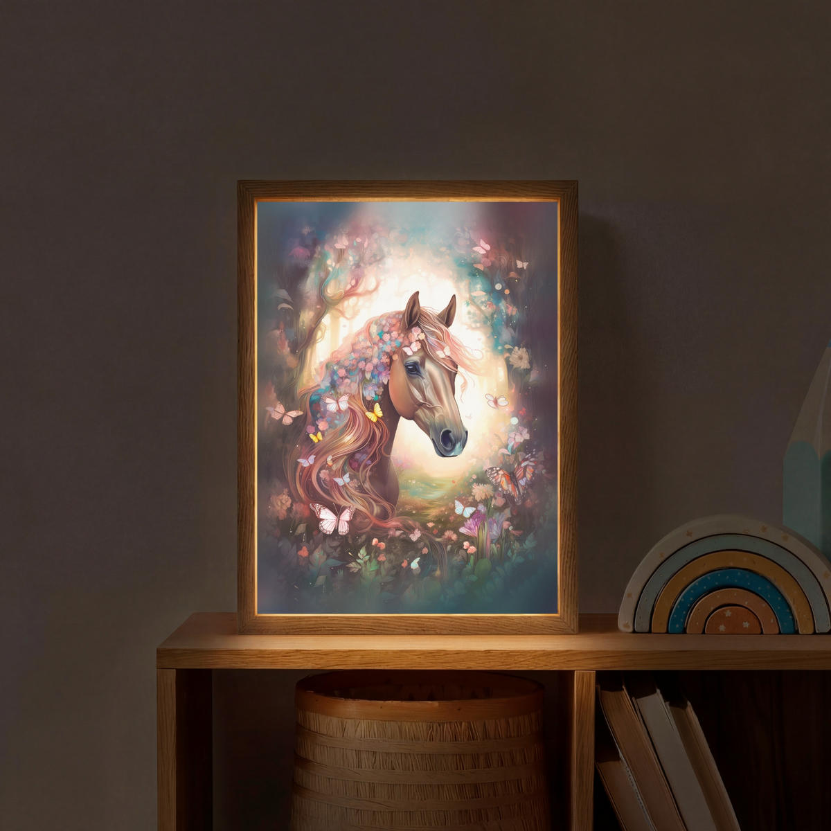 NÁSTĚNNÁ LAMPA S AKUMULÁTOREM Kůň - Příroda - Květiny - Motýli - Les 30x40 cm - tmavě hnědá, kompozitní dřevo (30/40/8cm) - OnlyWow