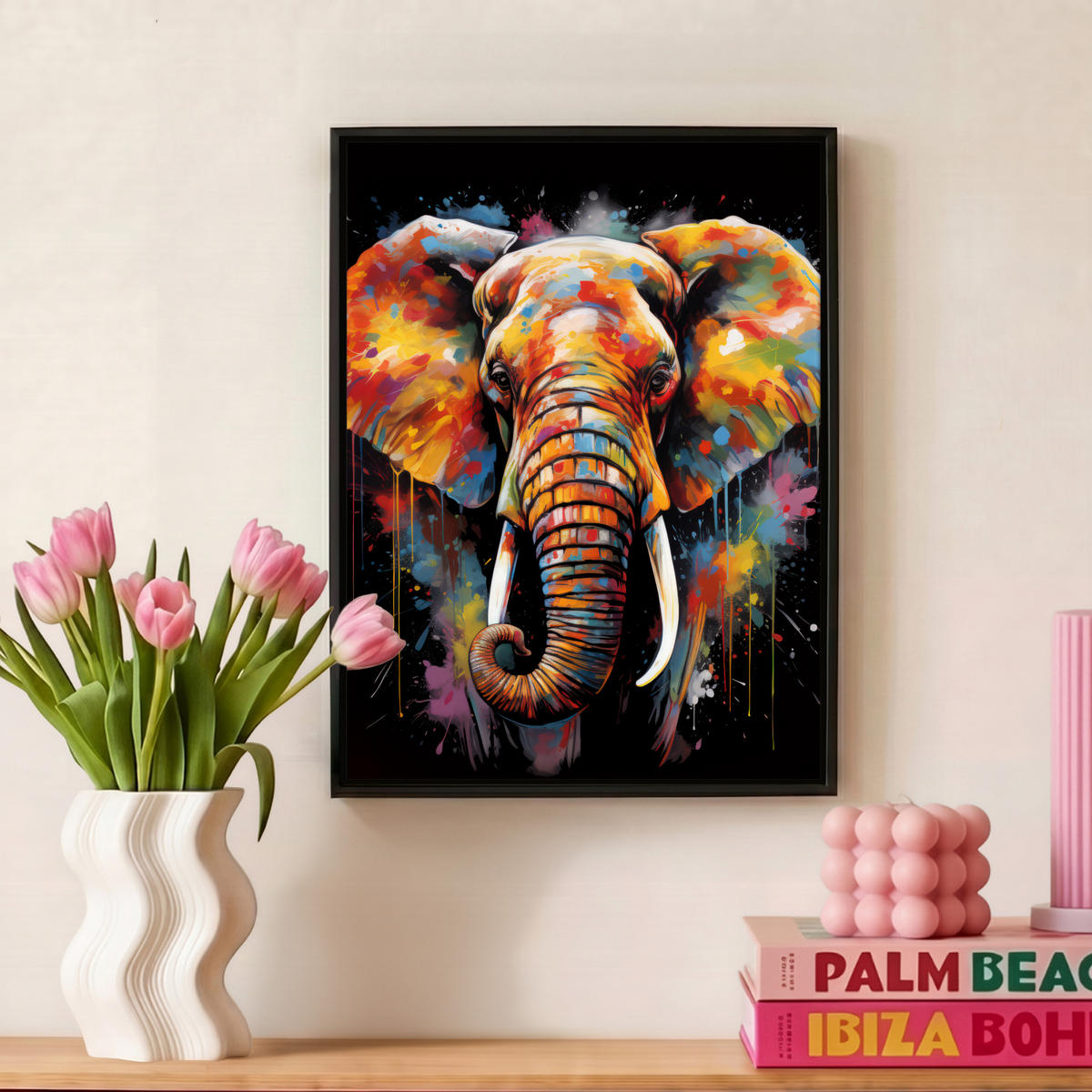 LEINWAND Bilder mit Rahmen - Elefant - Graffiti - Schwarz - Tiere - Farben - 30x40 - Schwarz, Textil (30/40cm) - MuchoWow