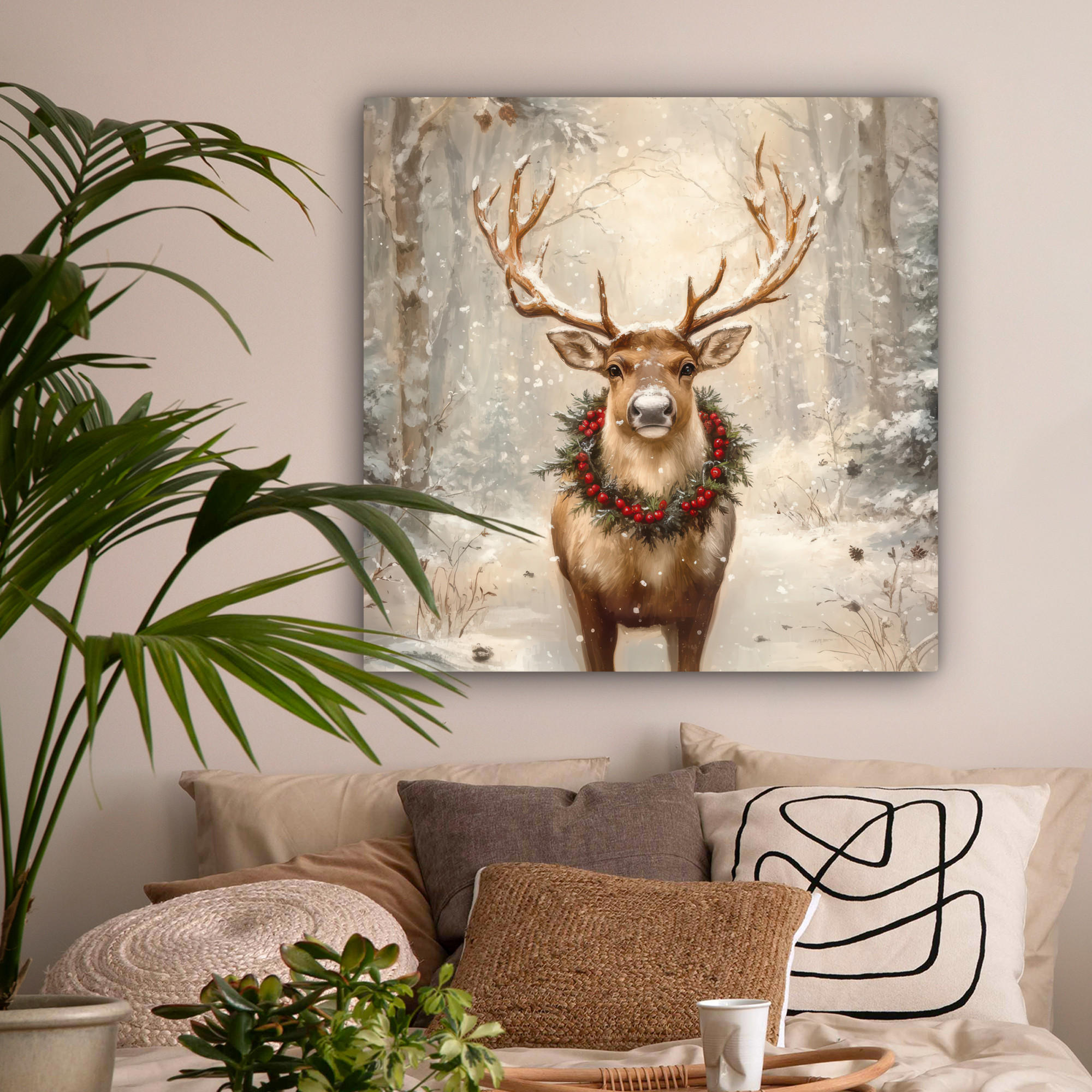 LEINWANDBILD Weihnachten - Rentier - Winter - Kranz 90x90 cm - Naturfarben, Textil (90/90cm) - MuchoWow