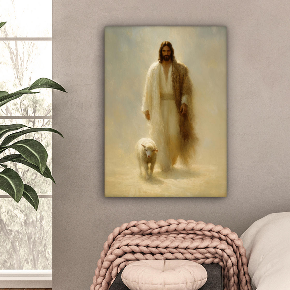 LEINWANDBILD Schaf - Jesus - Pinselstriche - Abstrakt Wandbild Wohnzimmer 60x80 cm - Sandfarben, Textil (60/80cm) - MuchoWow