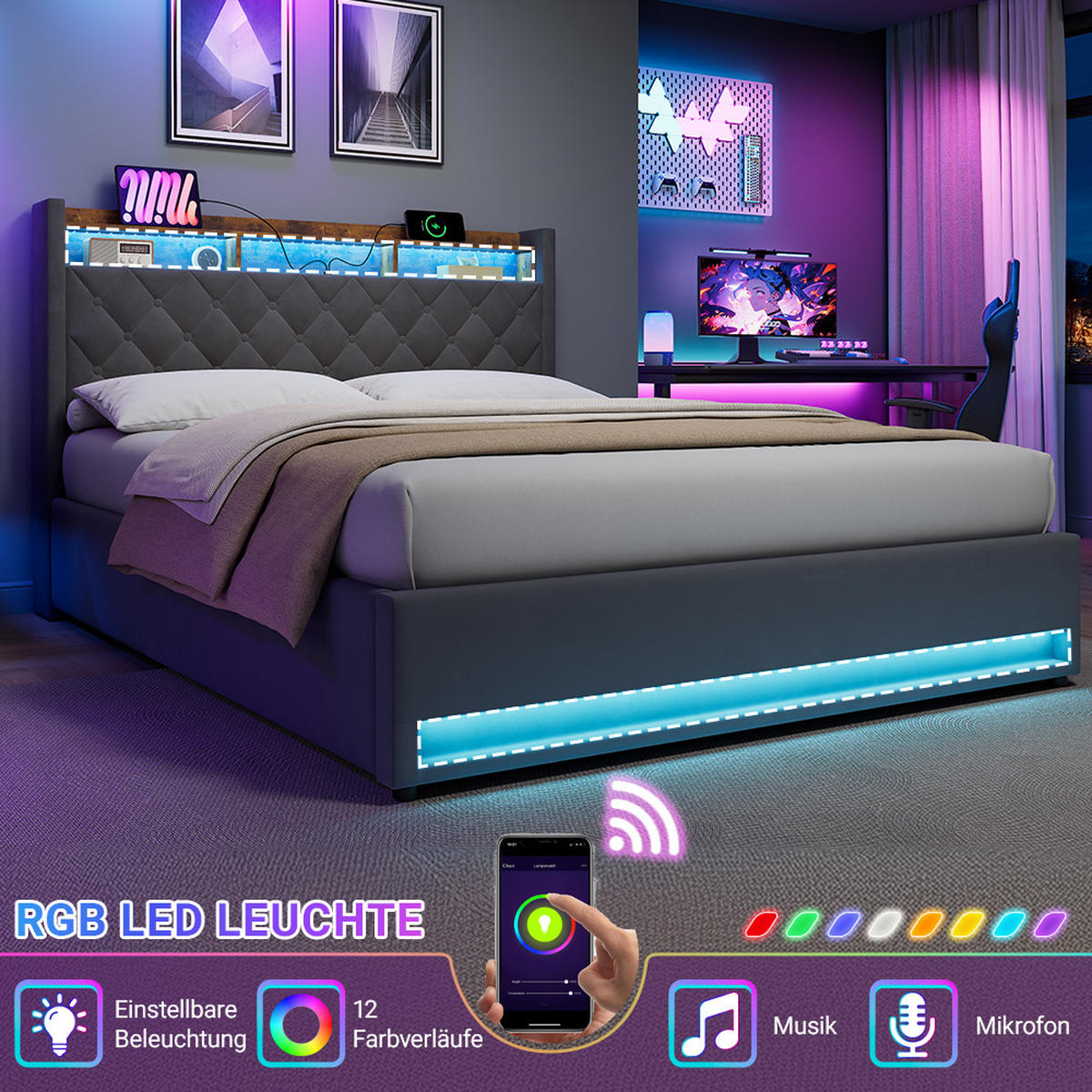 POLSTERBETT 180/200 cm in Grau Samt mit Bettkasten, LED-Beleuchtung und USB-Anschluss - Grau, Holzwerkstoff/Textil (180/200cm) - CHICFURN