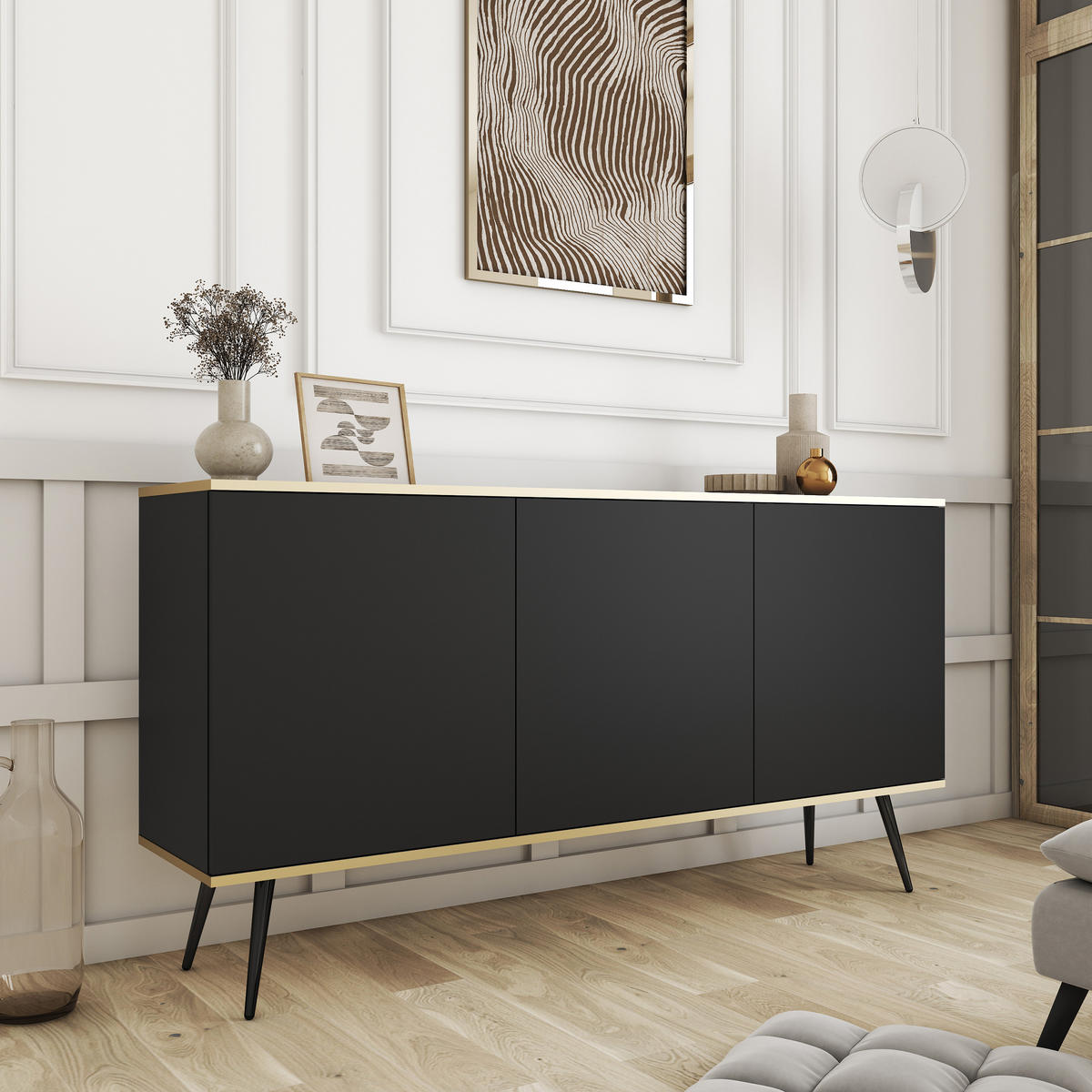 SIDEBOARD VENEZIA 160/85/39cm 3 Türen Schwarz - Schwarz, Holzwerkstoff (160/85/39cm) - MASSENO