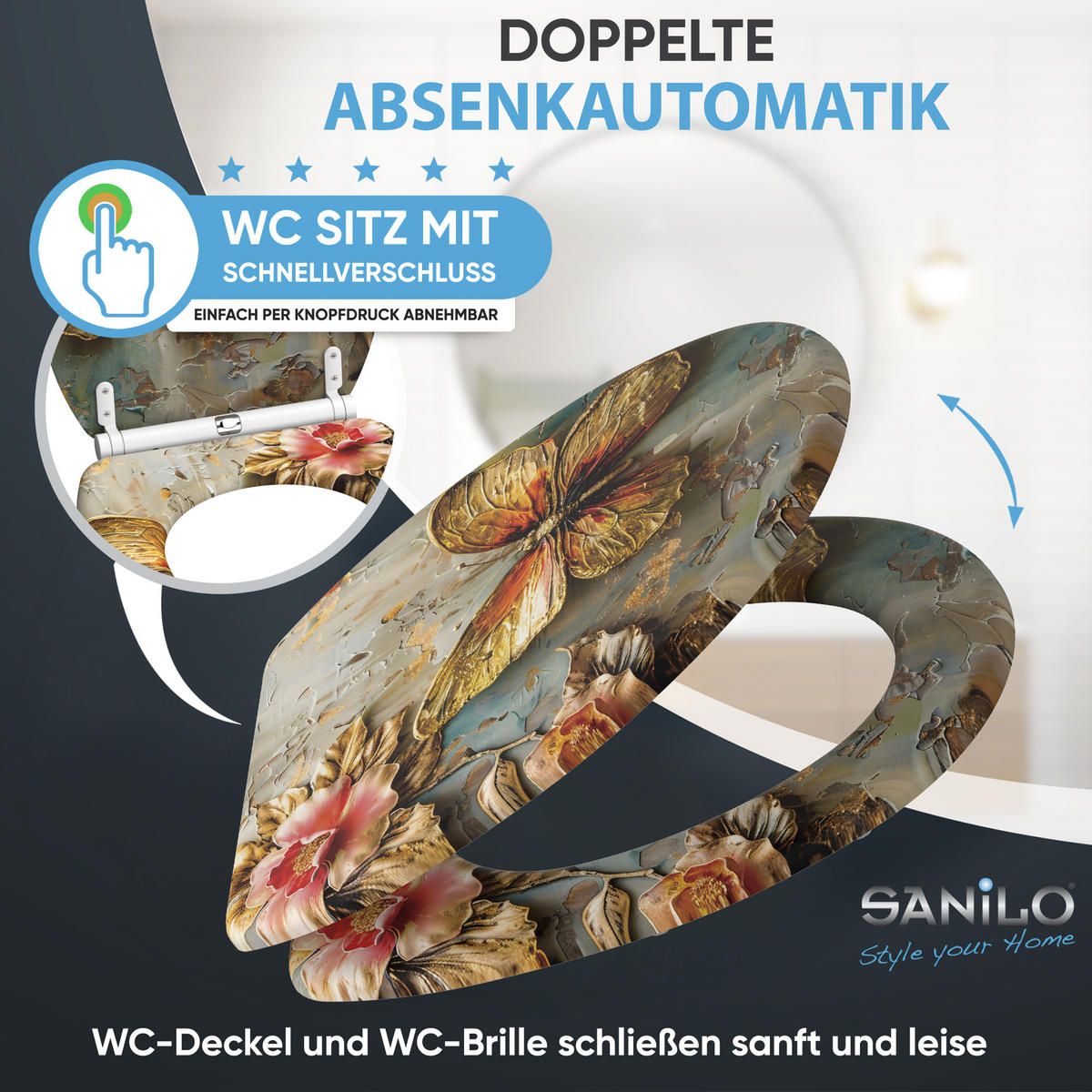 WC-SITZ mit Absenkautomatik & Top Fix Flutterby - Grau, Holzwerkstoff (37.7/5.5/48cm) - Sanilo