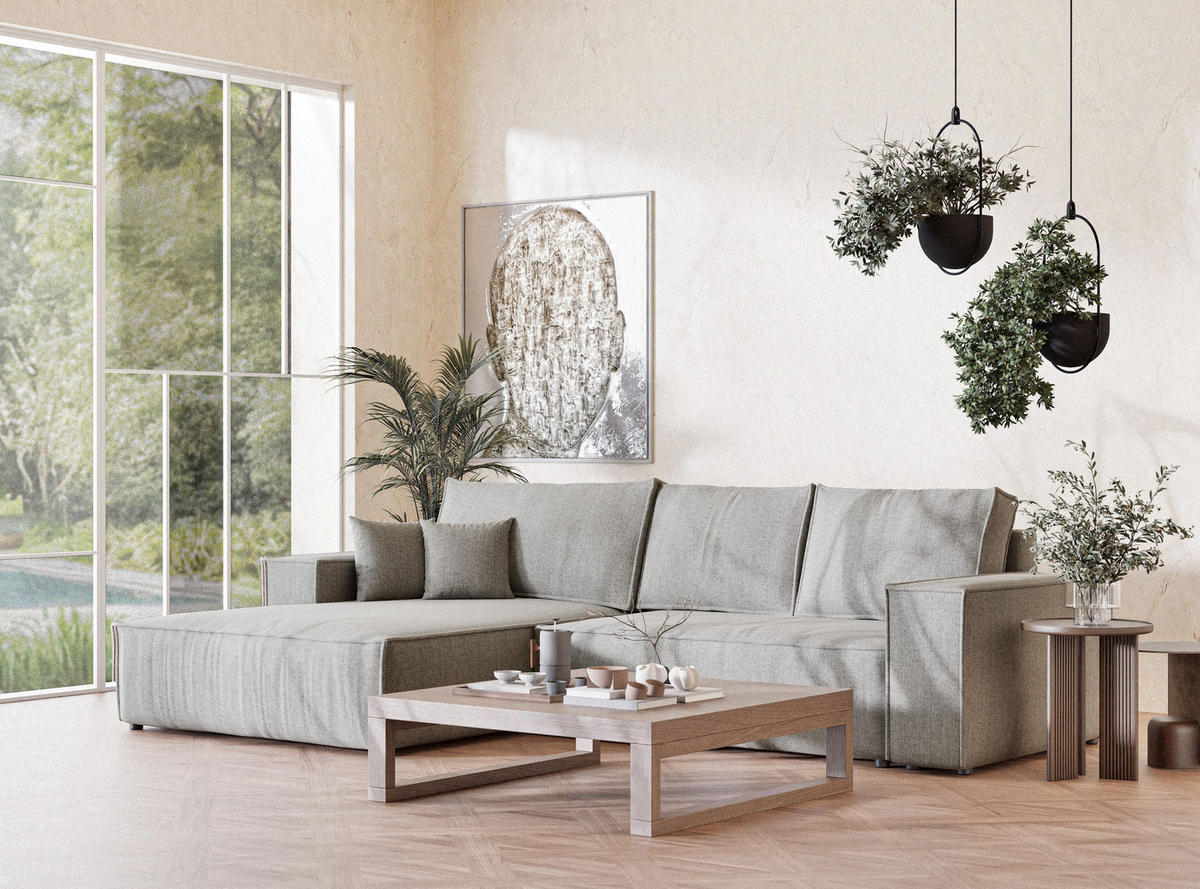 ECKSOFA Maze Beige grau Webstoff - Links Seite - Greige/Schwarz, Holz/Holzwerkstoff (185/294cm) - Maison de Reve