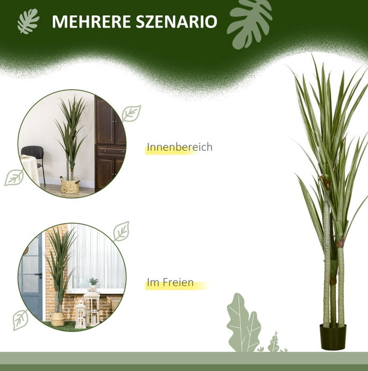 KUNSTPFLANZEN Yucca 17/17/190 cm grün aus Kunststoff pflegeleicht - Grün, Kunststoff (190cm) - OKWISH