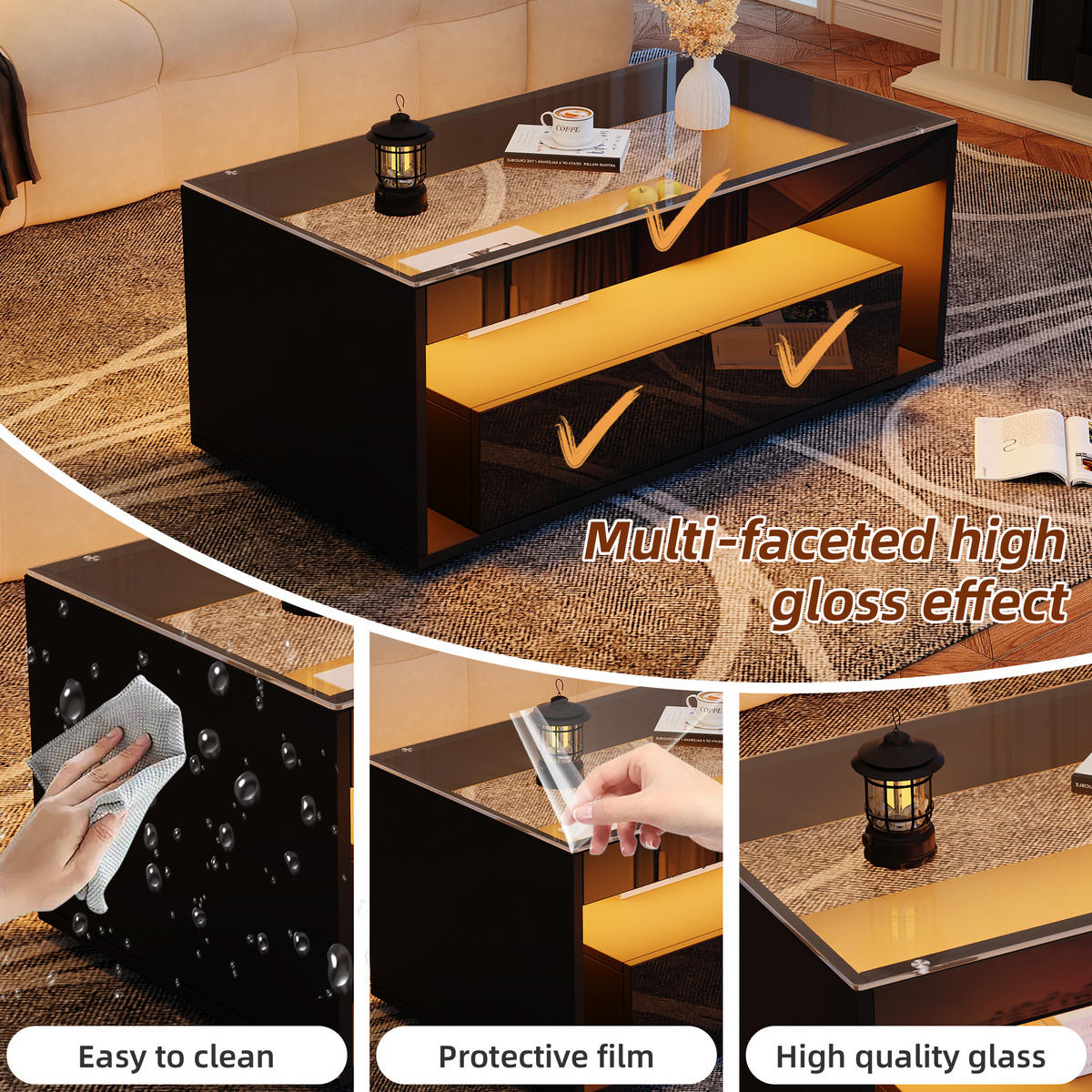 COUCHTISCH in Schwarz Kaffeetisch mit 2 Schubladen und LED-Licht für Wohnzimmer, B100/T50/H40cm - Schwarz, Glas/Holzwerkstoff (50/100/40cm) - STILVORA