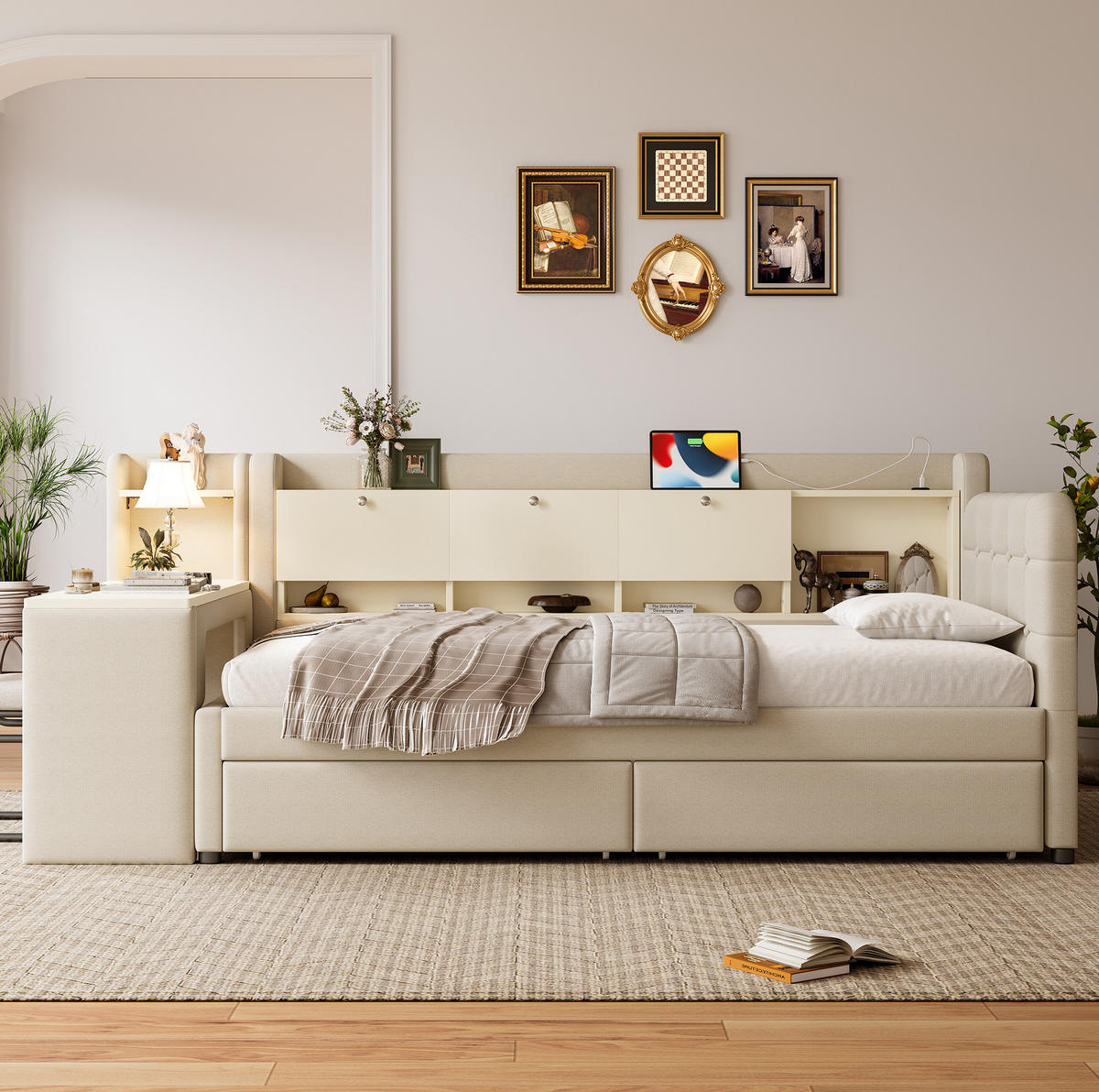 POLSTERBETT aus Leinen 90x200 cm in Beige mit Schreibtisch & 2 Schubladen - Beige, Textil (90/200cm) - Modfu
