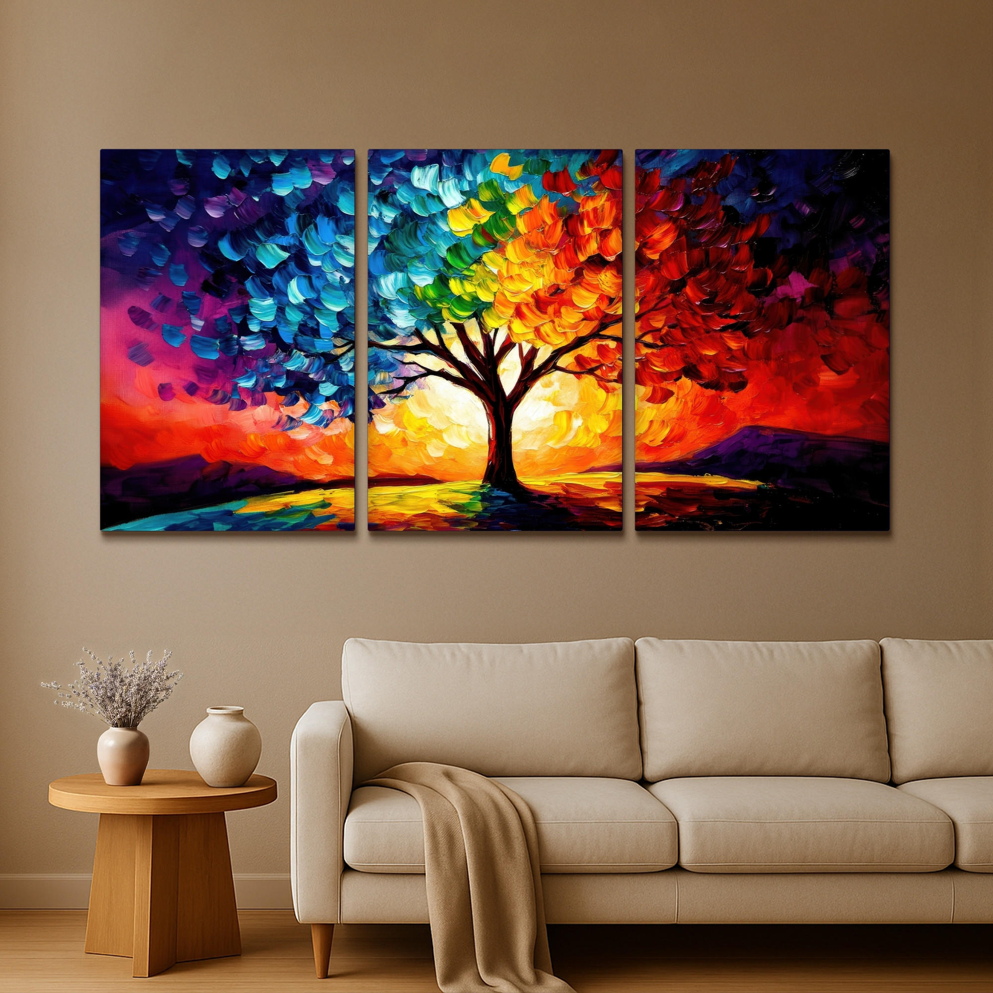 LEINWANDBILD 3er Set Baum - Farbenfroh - Malerei-Look - Abstrakt 240x120 cm - Multicolor, Textil (240/120cm) - MuchoWow