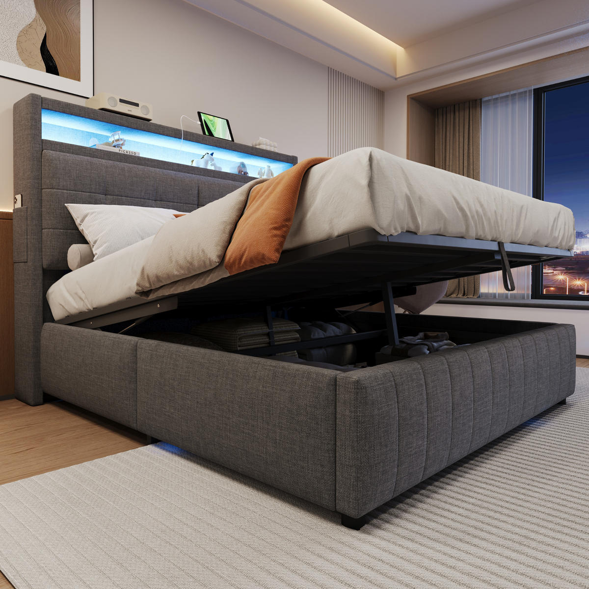 POLSTERBETT 160x200 cm Grau LED USB Stauraum Hydraulik Lattenrost - Grau, Holzwerkstoff - FLIEKS