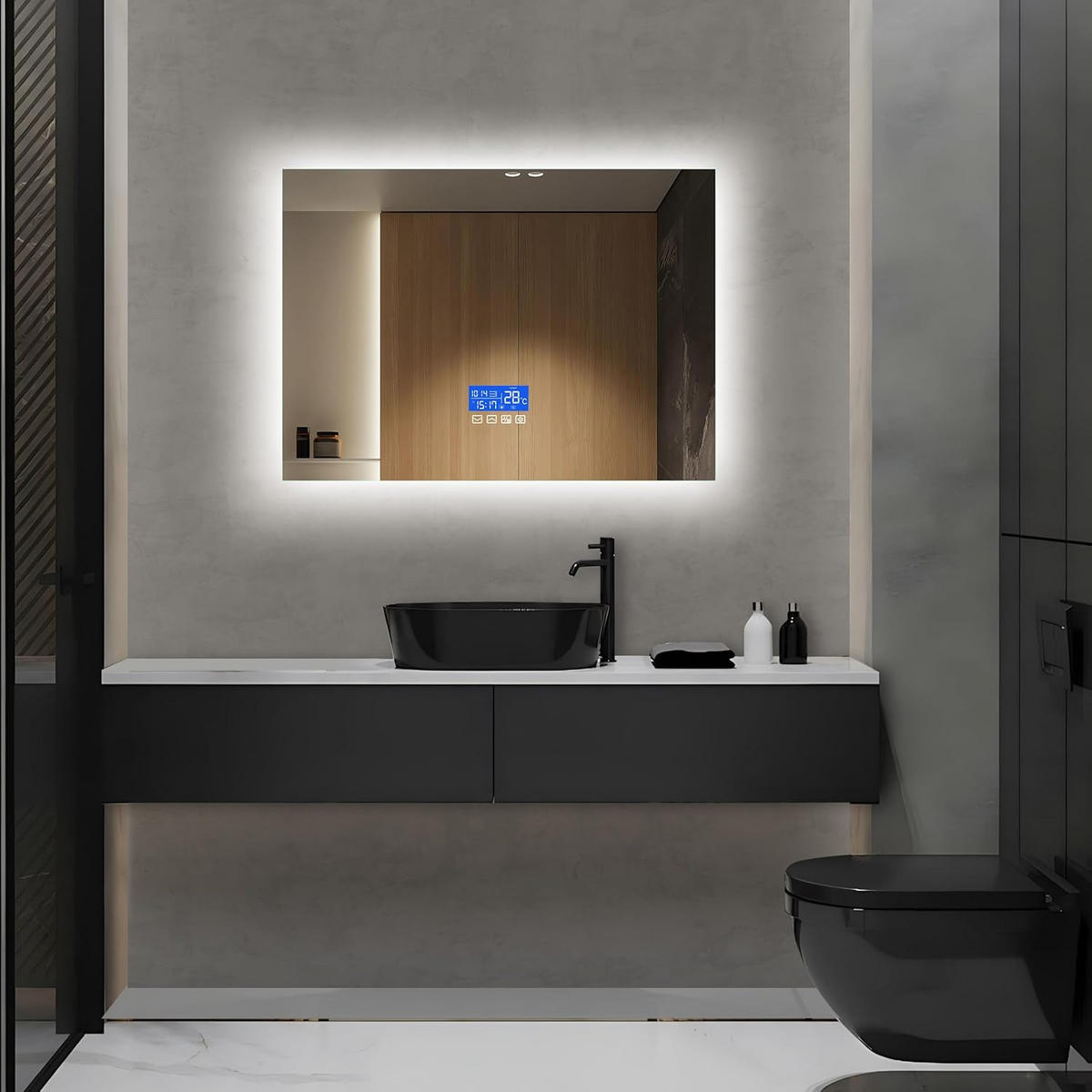 BADEZIMMERSPIEGEL mit LED, Rechteck 50 x 70 cm, Anti-Beschlag, Temperaturanzeige und 3 Anpassbare Helligkeit - Transparent, Glas (70/4/50cm)