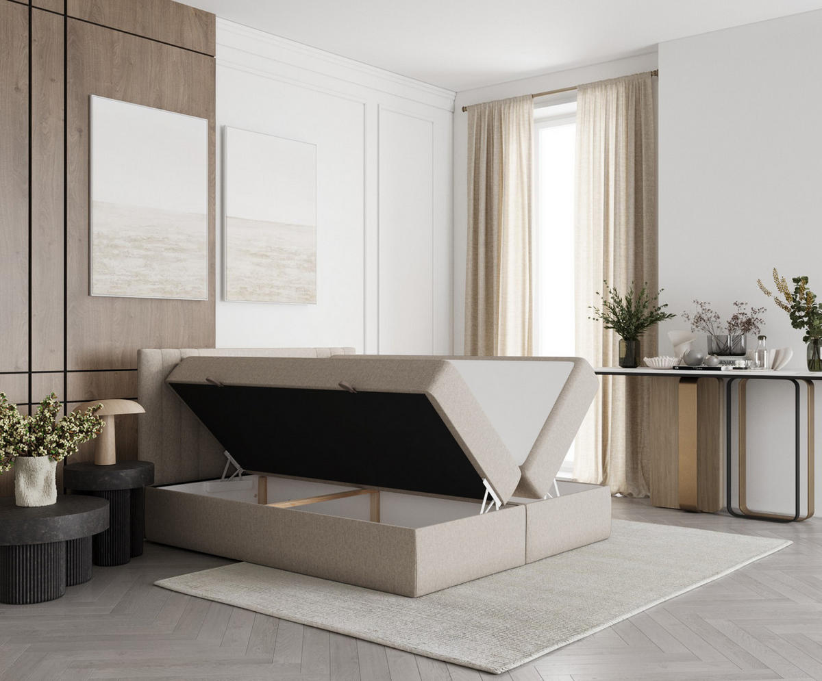 BOXBETT Mallo Beige 160/200 cm mit Matratze und Topper - Beige/Schwarz, Holz/Holzwerkstoff (160/200cm) - Maison de Reve