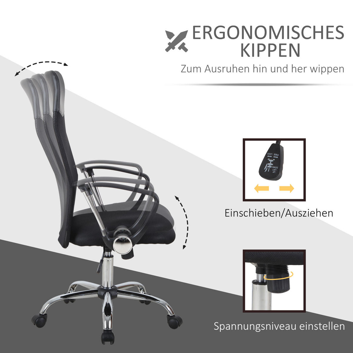 ERGONOMISCHER, Bürostuhl, Netz, Schwarz - Schwarz, Kunststoff (65/119/63cm) - HOMCOM