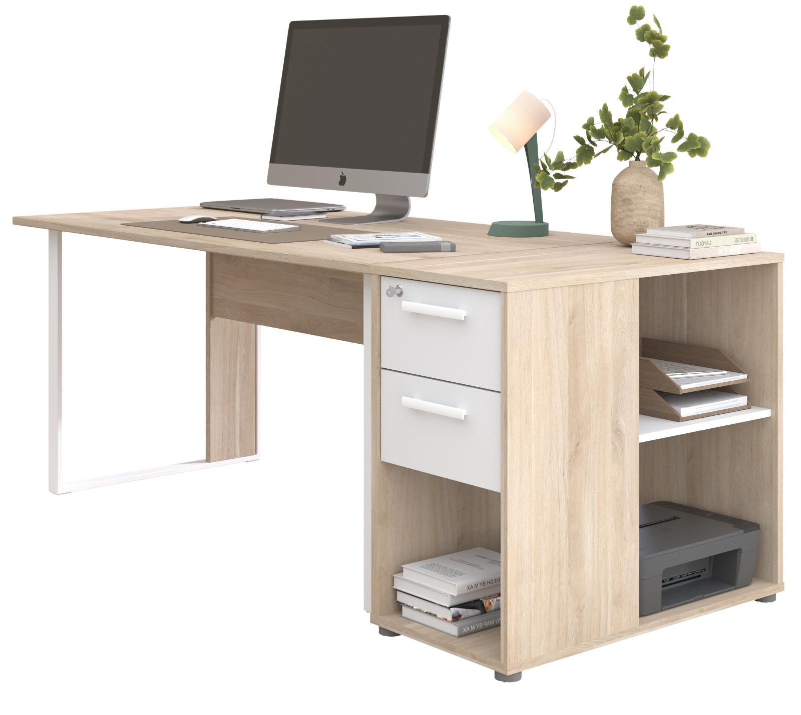 SCHREIBTISCH-SET Eiche, weiß, Büromöbel mit Schreibtisch und Container - Eichefarben/Weiß, Holzwerkstoff/Kunststoff (80/189/73cm) - Parisot Meuble