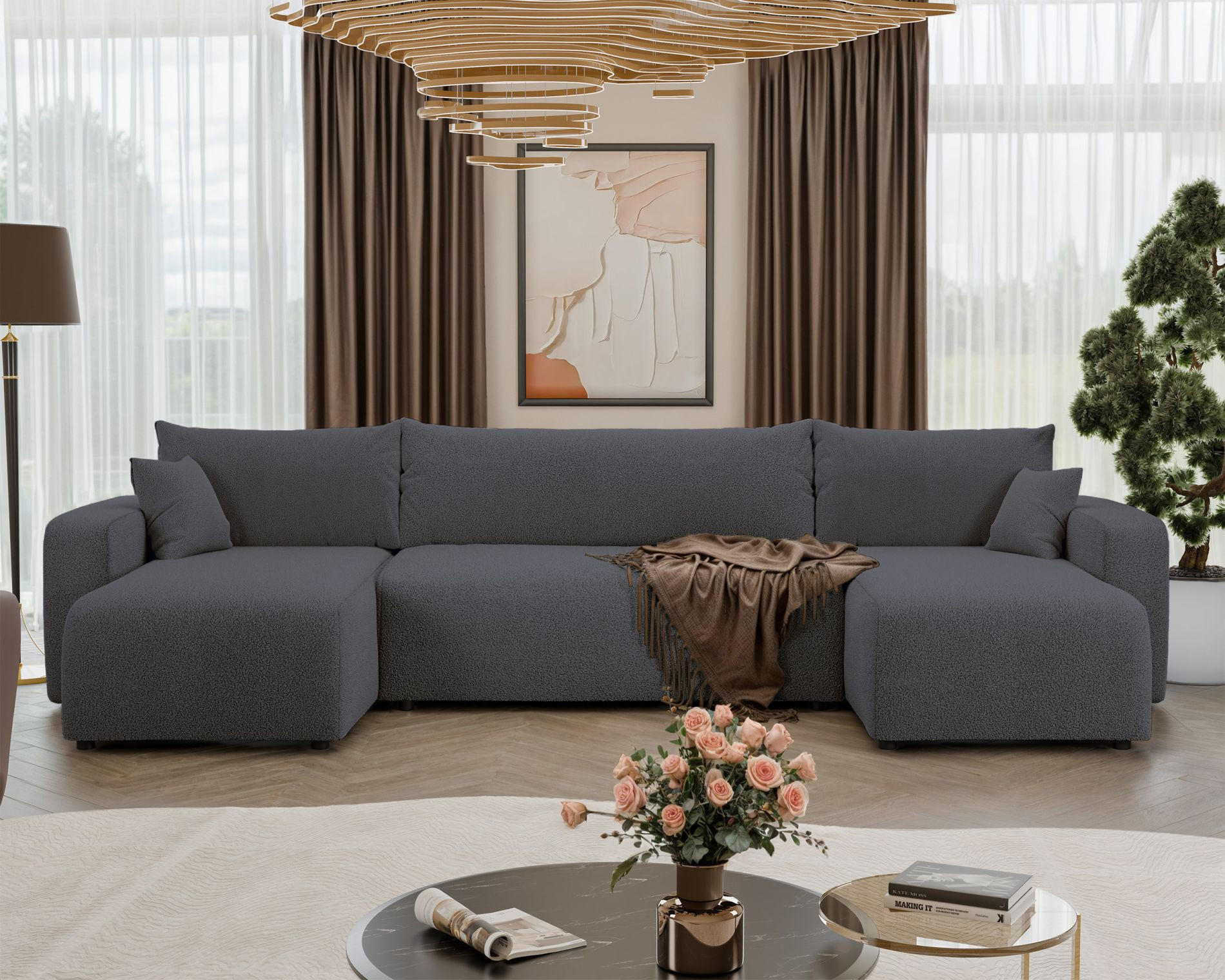 WOHNLANDSCHAFT Pianoni Dunkelgrau Bouclé-Bezug - Dunkelgrau/Schwarz, Kunststoff/Textil (312/83/140cm) - Selsey