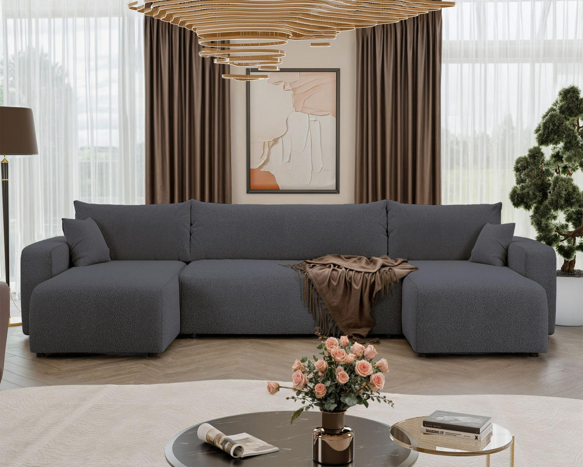 WOHNLANDSCHAFT Pianoni Dunkelgrau Bouclé-Bezug - Dunkelgrau/Schwarz, Kunststoff/Textil (312/83/140cm) - Selsey