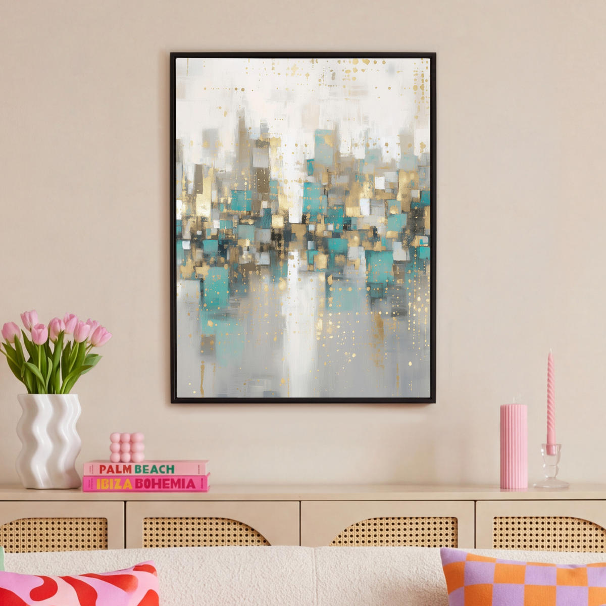 LEINWAND Bilder mit Rahmen - Abstrakt - Blöcke - Gold - Skyline - 70x100 - Beige, Textil (70/100cm) - MuchoWow