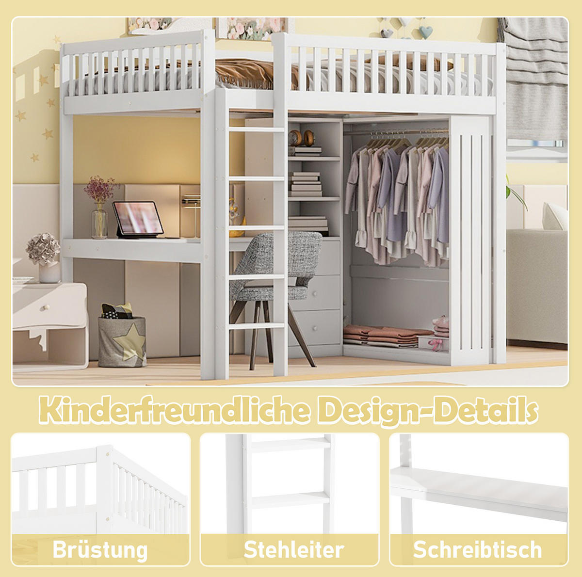 HOCHBETT 140/200 cm, Weiß mit Schreibtisch und Kleiderschrank - Weiß, Holz (140/200cm) - MIVRAY