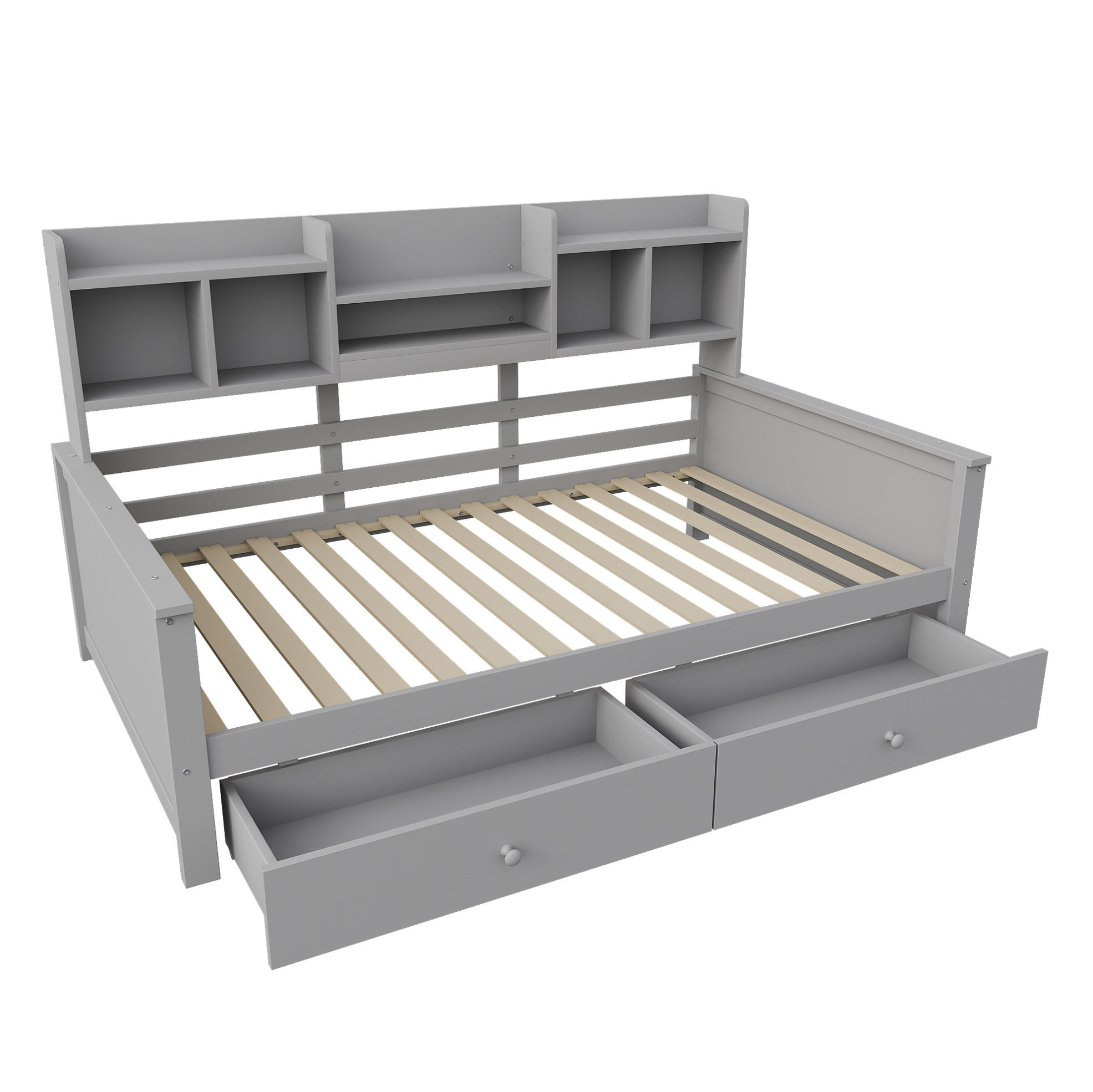 KINDERBETT 90/200 cm als Schlafsofa mit 2 Schubladen, Seitenregalen und Lattenrost aus Massivholz, Grau/Weiß - Grau, Holzwerkstoff (90/200cm) - Redom