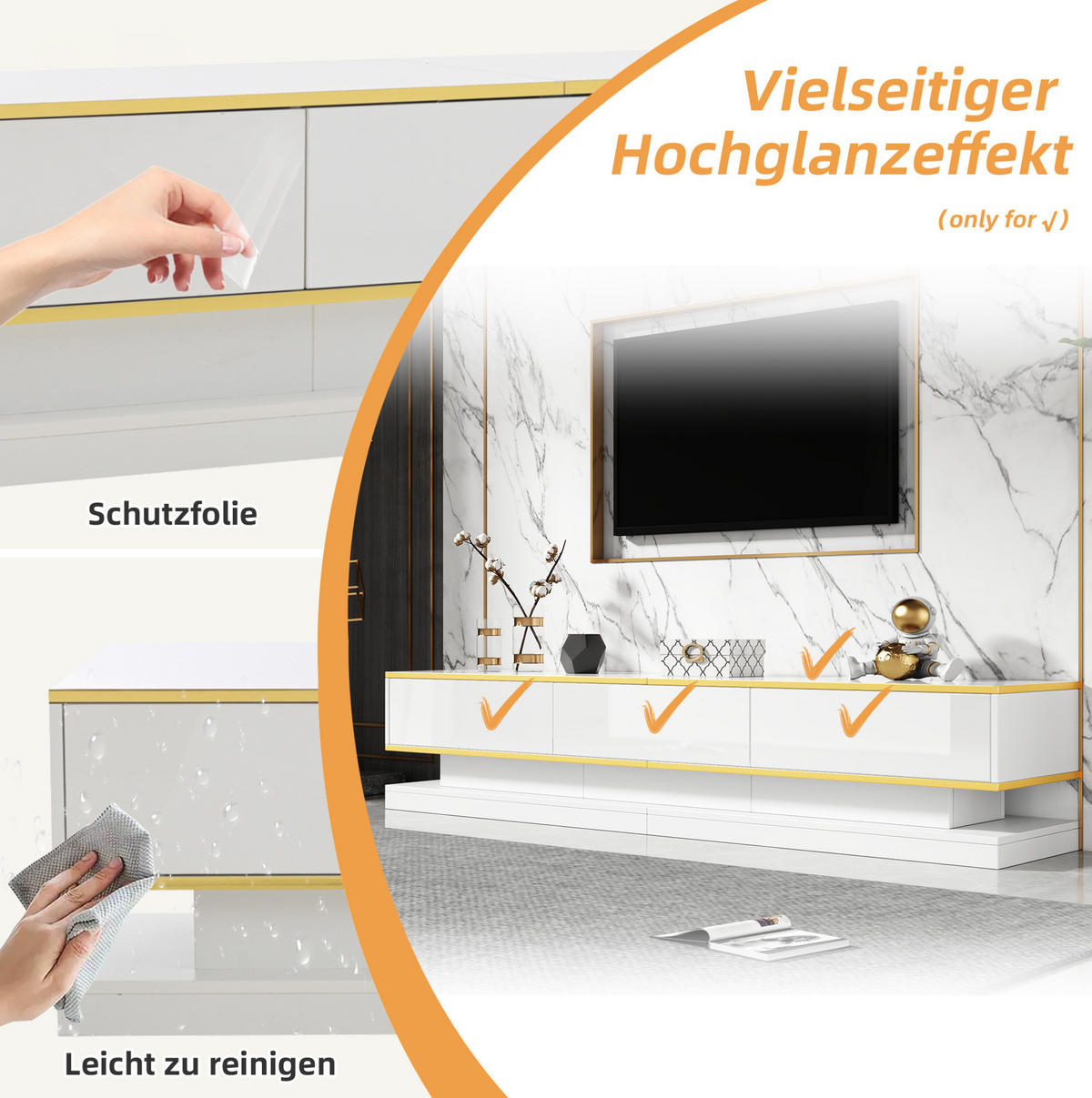 TV-SCHRANK- und Couchtisch-Set aus Spanplatte 200x40x40 cm & 100x50x38 cm Warmweiß mit Schubladen und Hochglanzoberfläche - Weiß, Holzwerkstoff (200/40/40cm) - Modfu