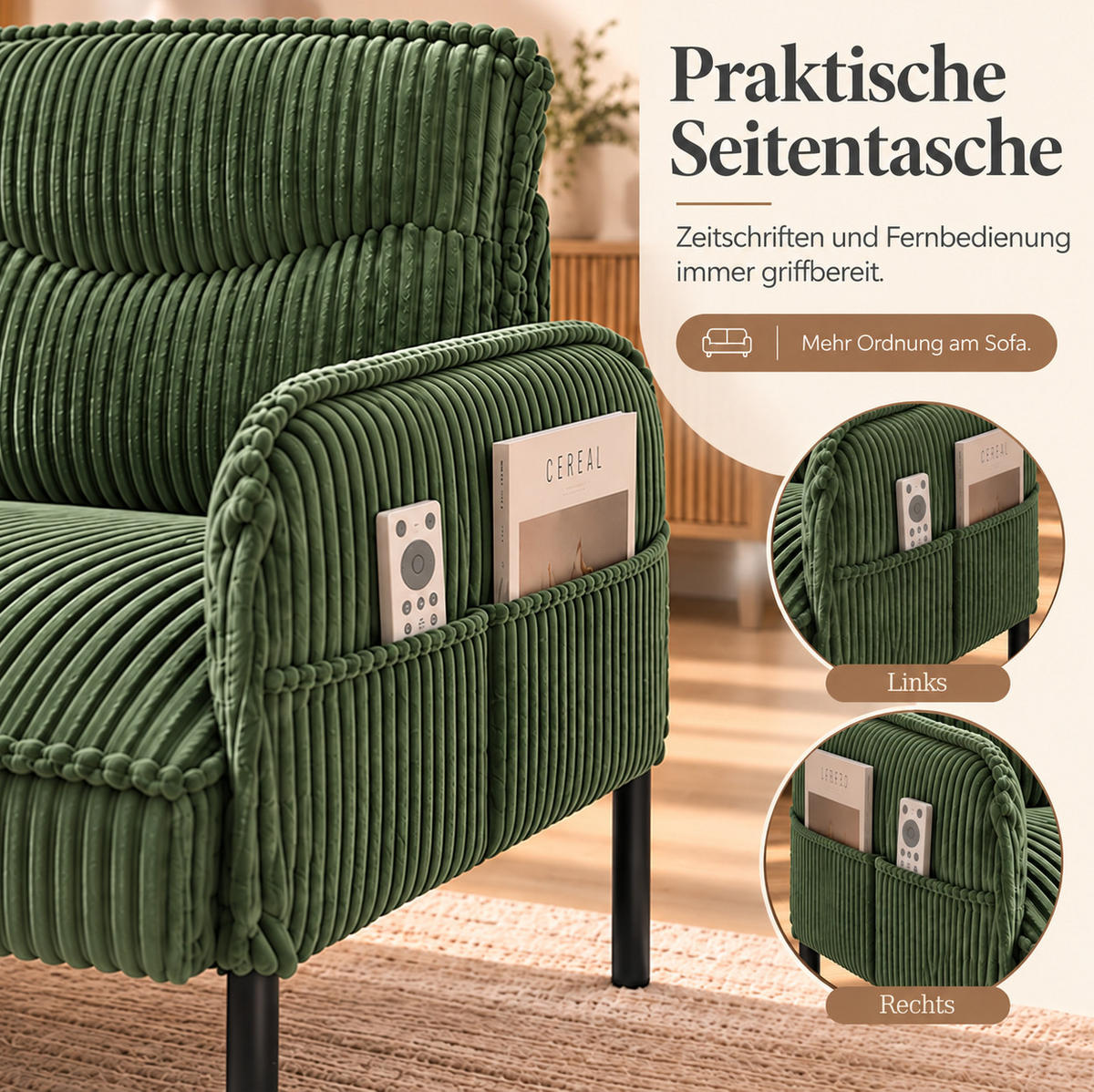 2-SITZER Sofa 122/73/83 cm Cordstoff mit Seitentaschen und Metallbeinen Grün - Grün, Textil (73/83/122cm) - Redom