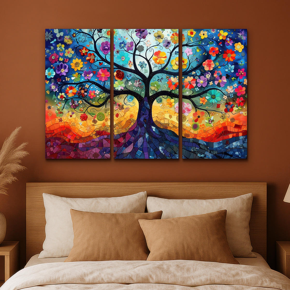 LEINWANDBILD 3er Set Bunt - Baum des Lebens - Blumen - Abstrakt 180x120 cm - Blau, Textil (180/120cm) - MuchoWow