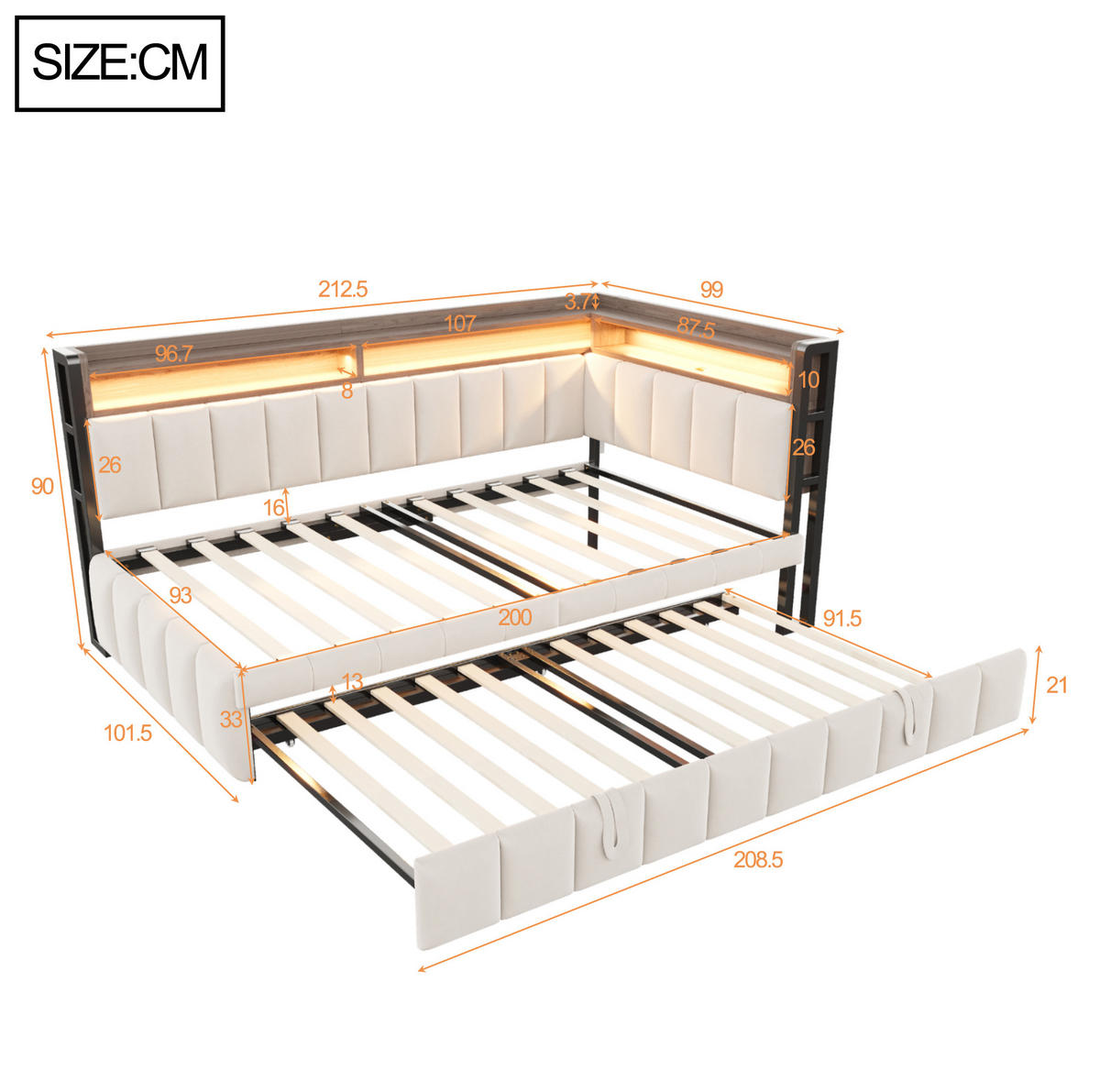 POLSTERBETT Schlafsofa Samt 90x200 cm Beige mit Ausziehbett, LED-Beleuchtung, USB- und Typ-C-Anschlüssen - Beige, Textil (90/200cm) - Modfu