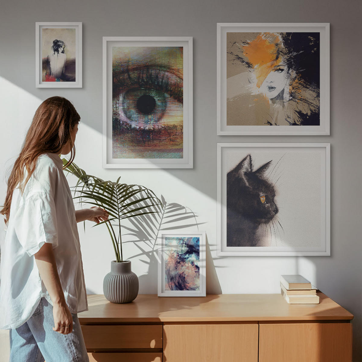 WANDBILDER 5er-Set - 50x50 cm & 20x30 cm & 40x60 cm Weißer Rahmen - Gelbgrau-braune Wellen - Weiß, Kunststoff (40/60cm) - ArtPrintCave
