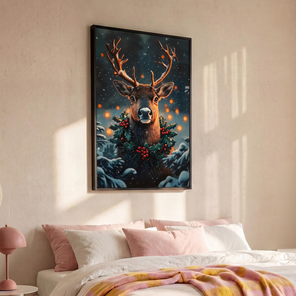 LEINWAND Bilder mit Rahmen - Hirsch - Weihnachten - Winter - Schnee - Weihnachtskranz - 80x120 - Dunkelbraun, Textil (80/120cm) - MuchoWow