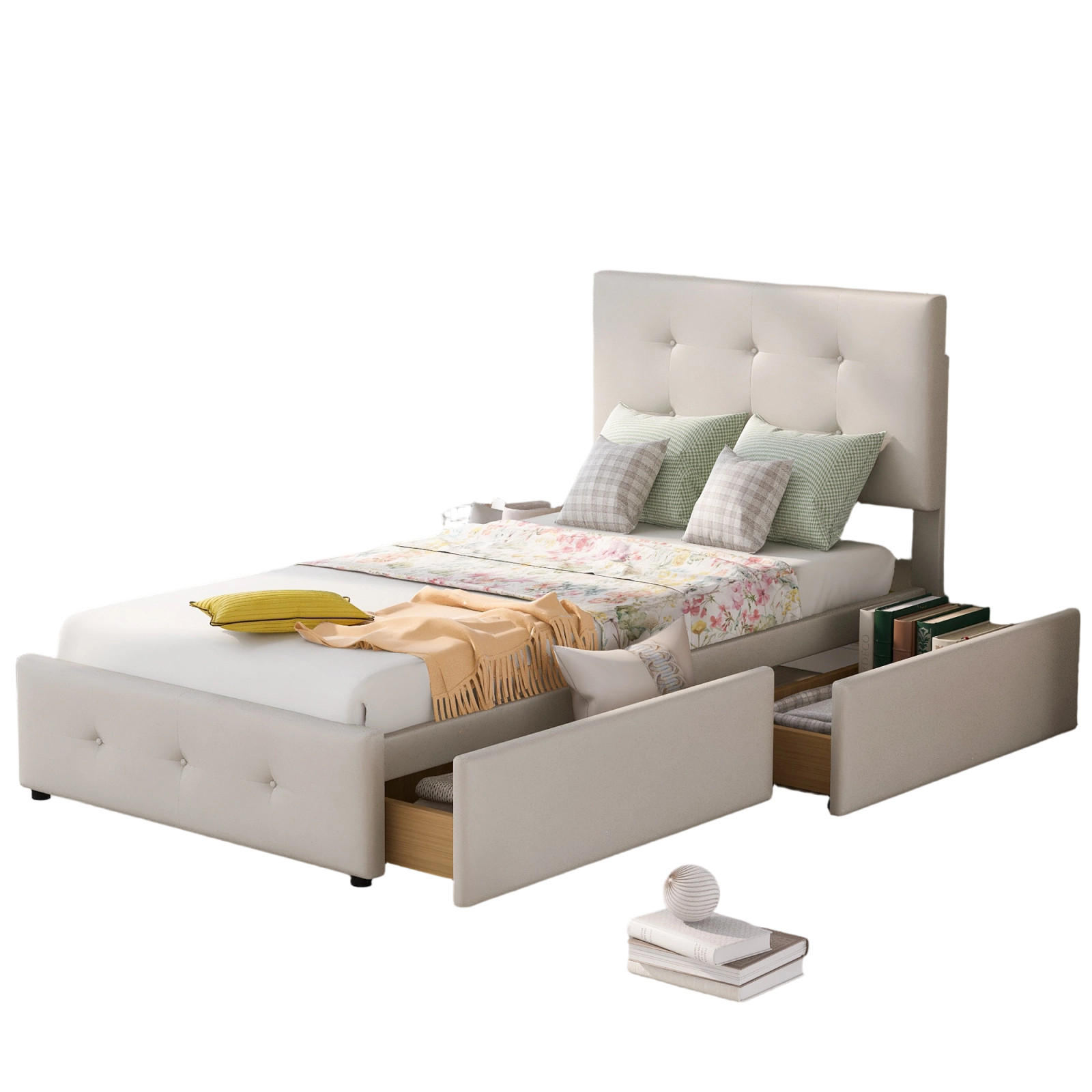 EINZELBETT 90x200 Samt Mit Stauraumschublade Stabil Lattenrost - Creme, Holz