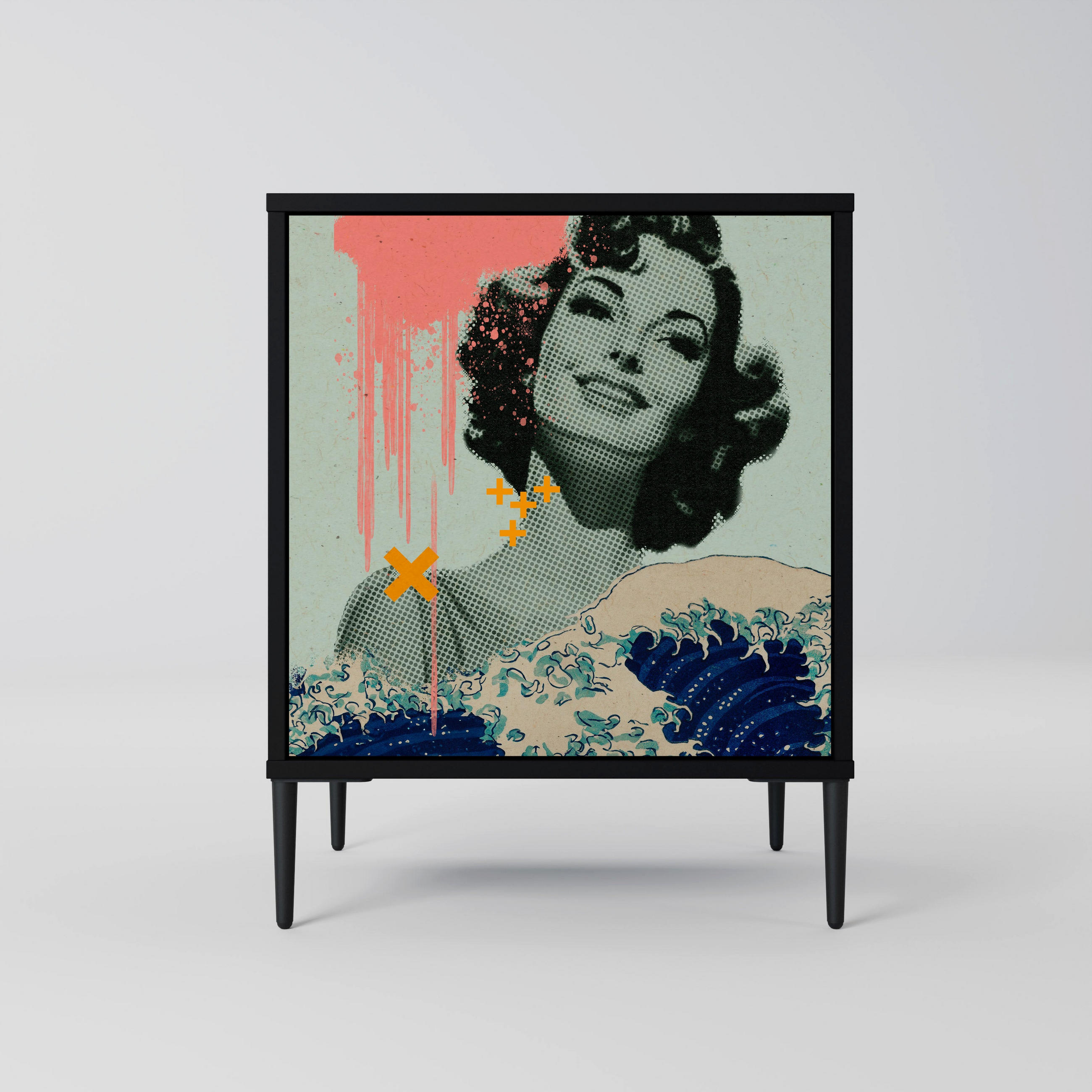 SIDEBOARD KANAGAWA BEAUTY, Schwarz, 57,5x42x72,5 cm, Schwarze Metallfüße - Multicolor/Schwarz, Holzwerkstoff/Metall (57.5/72.5/42cm) - SpaceRebels